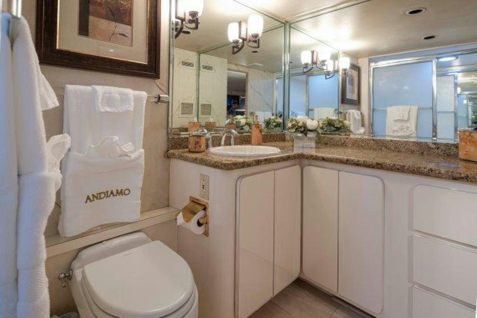a bathroom with a sink and toilet aboard ANDIAMO Yacht for Sale