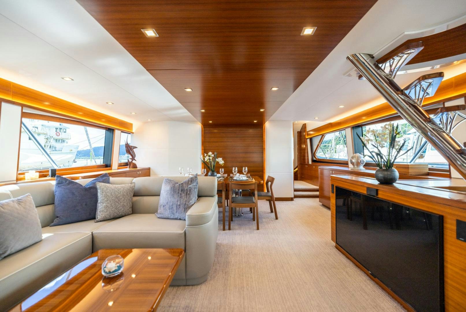 a living room with a large window aboard BONNY READ Yacht for Sale