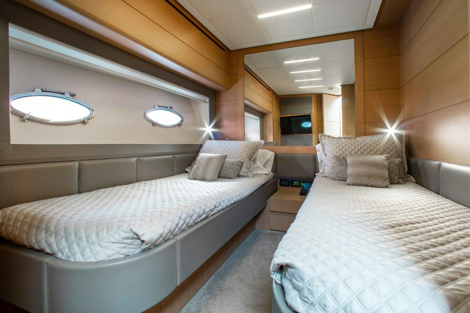 a room with two beds aboard JULIE K Yacht for Sale