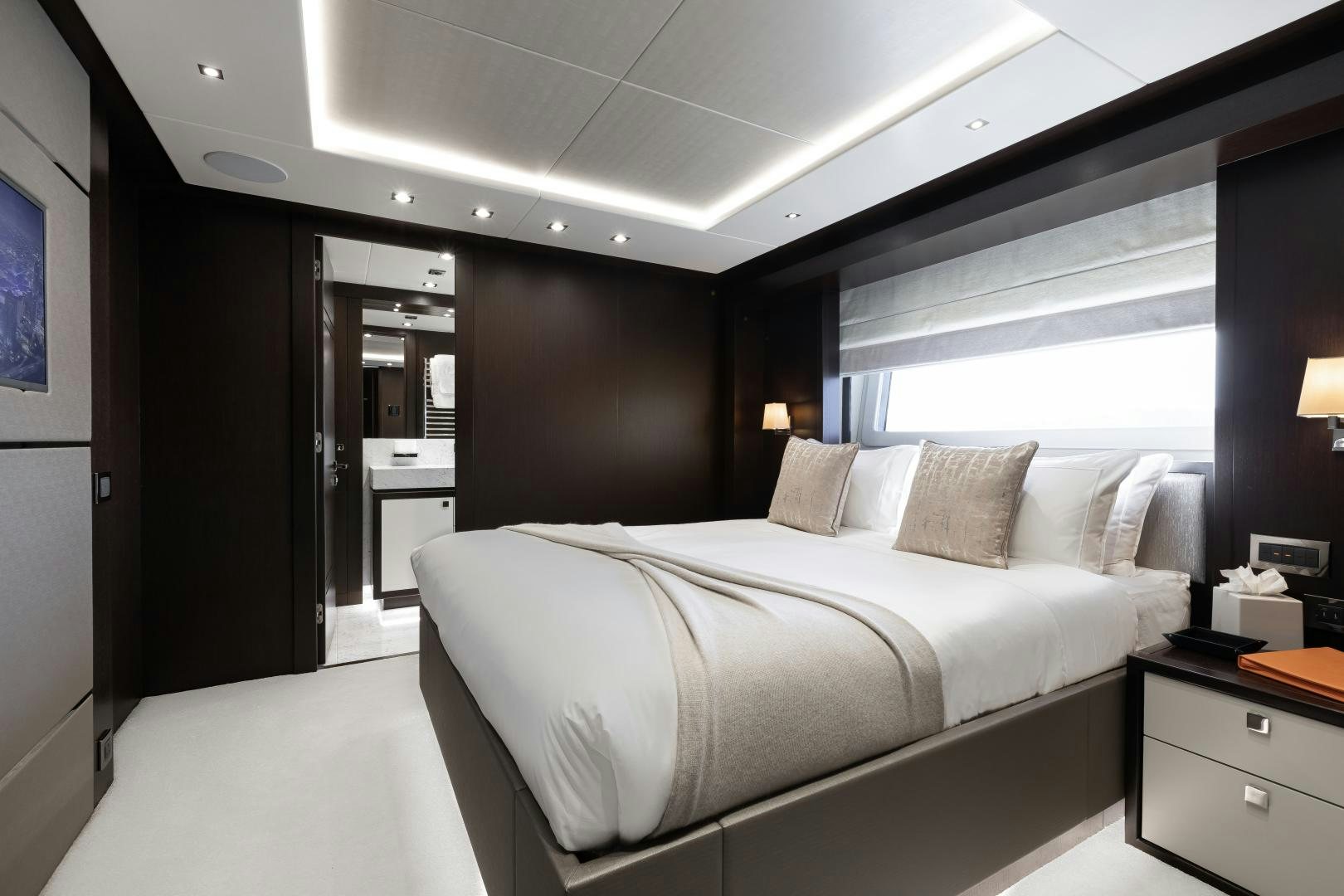 a bed in a room aboard SEDATIVE Yacht for Sale