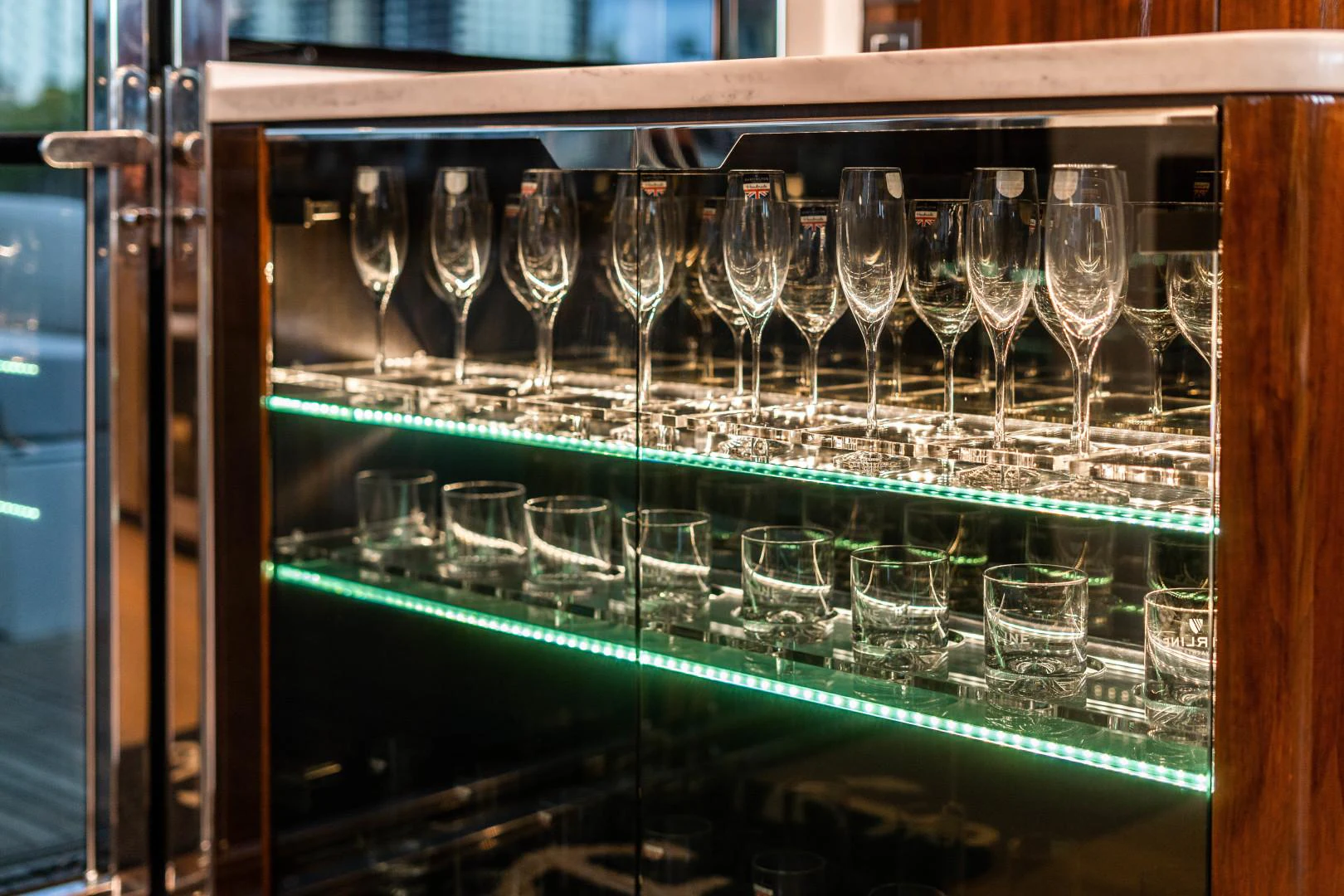 a group of wine glasses aboard BLIND DATE Yacht for Sale