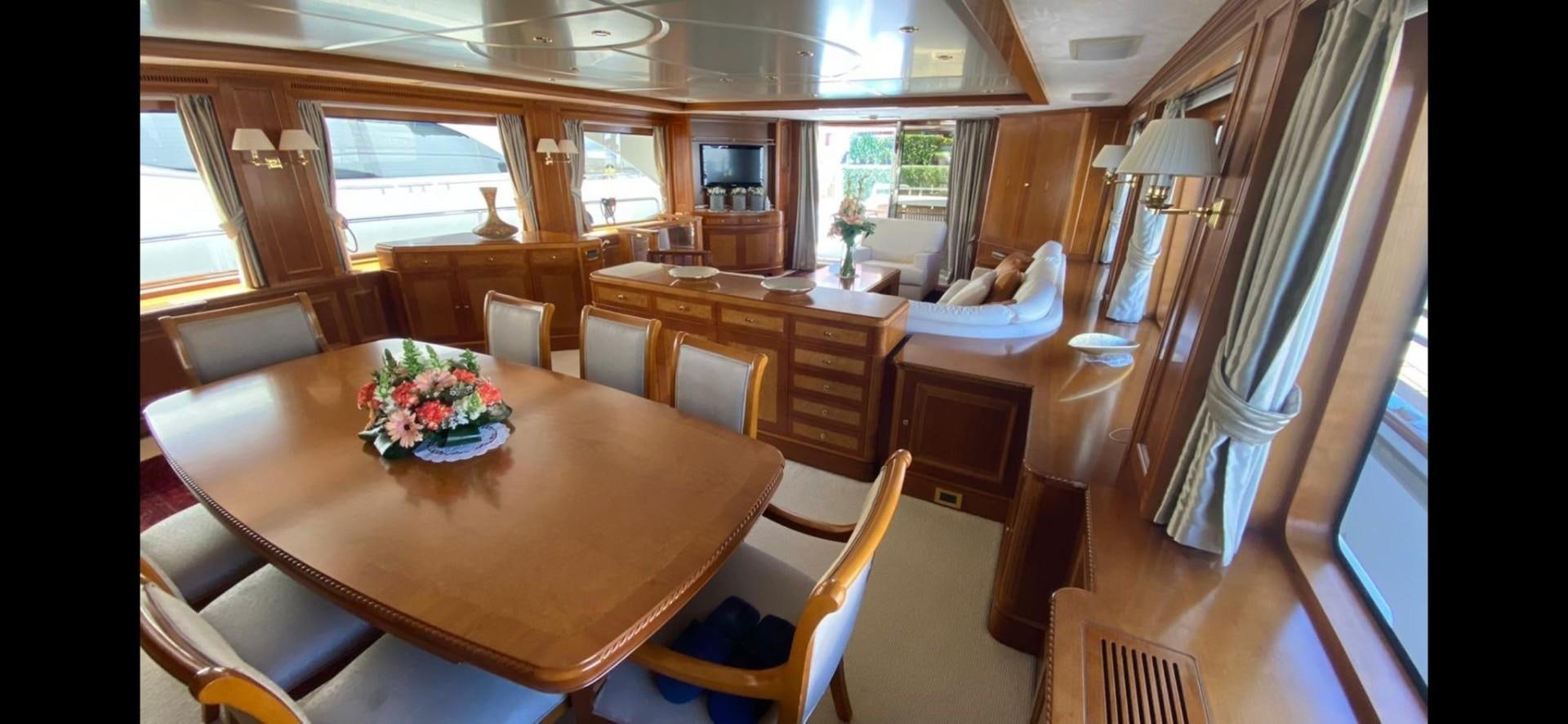 a dining table in a room aboard LA BELLA SARA III Yacht for Sale
