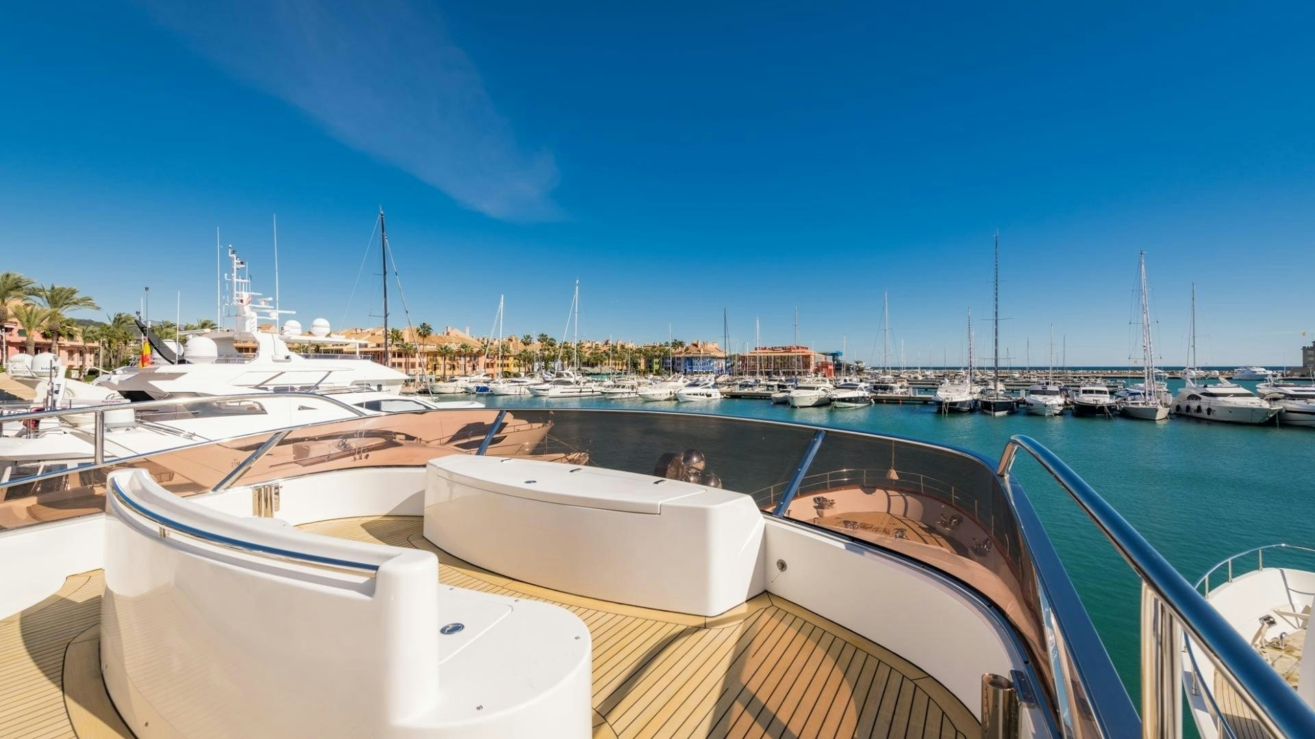 a boat in a harbor aboard LA BELLA SARA III Yacht for Sale