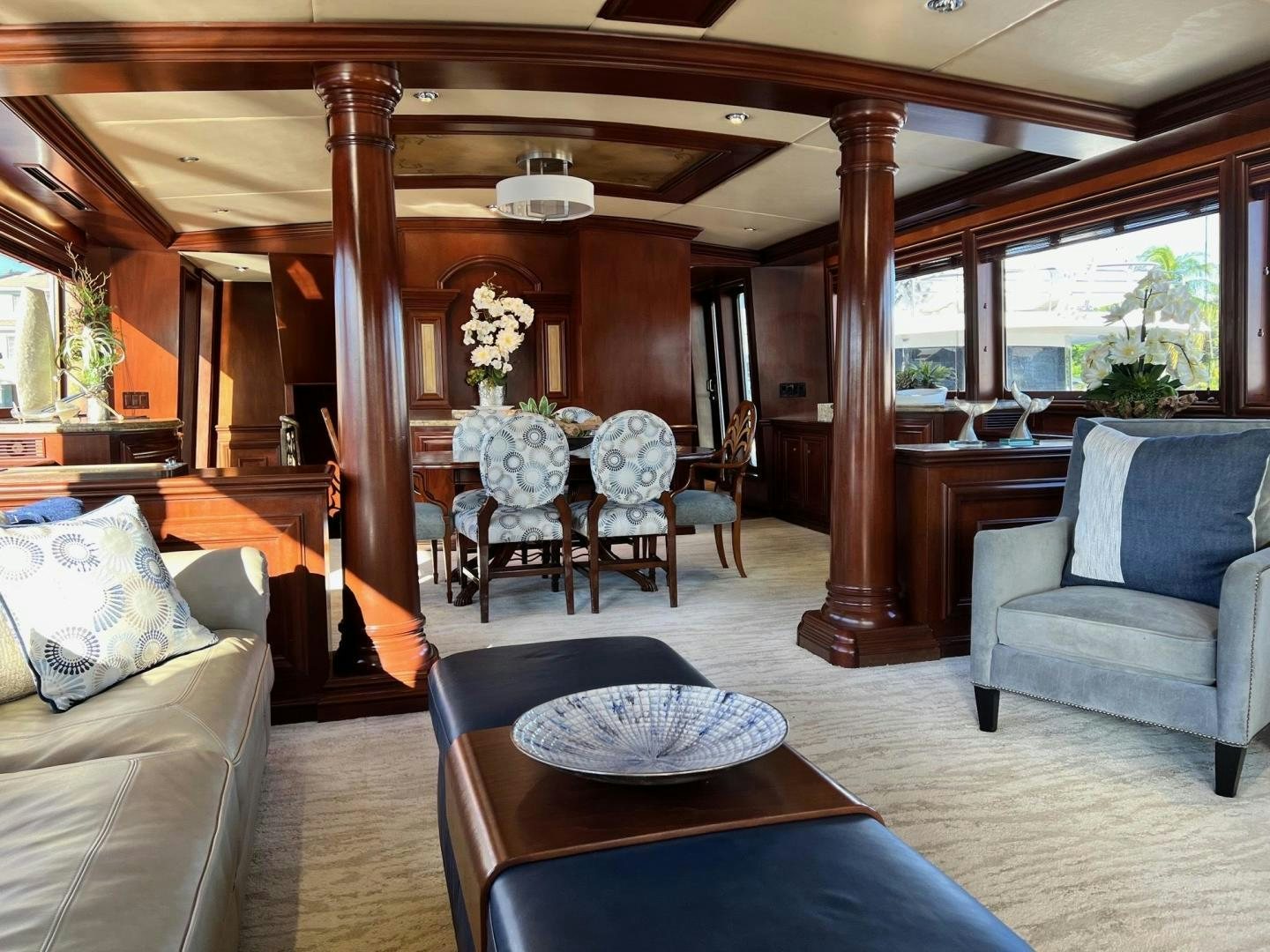 a living room with a wood ceiling aboard THREE KINGS Yacht for Sale