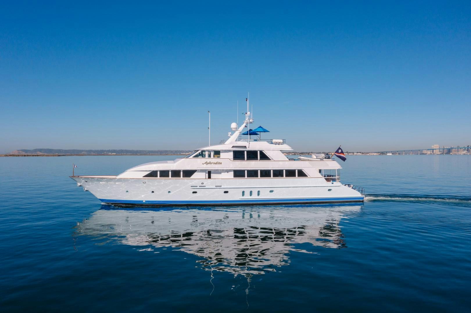 a white boat in the water aboard APHRODITE Yacht for Sale