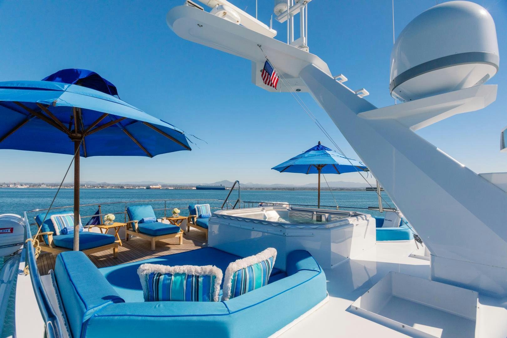 a boat with chairs and umbrellas on it aboard APHRODITE Yacht for Sale