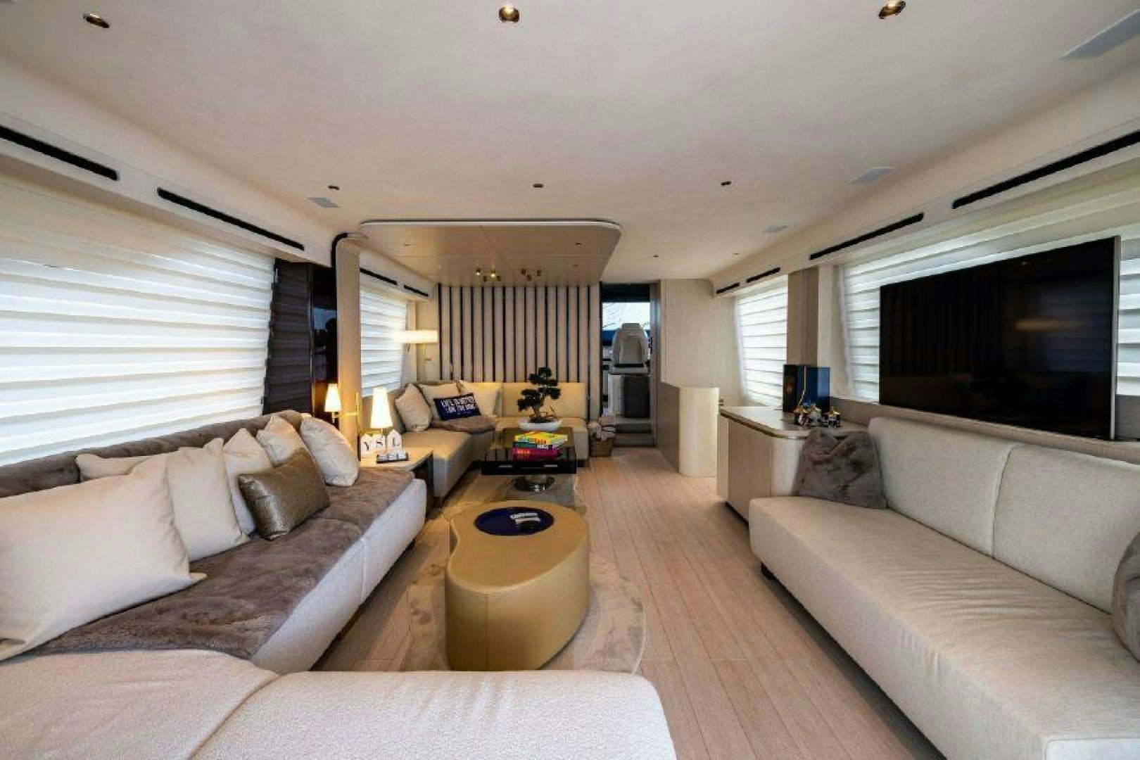 a living room with a large window aboard SUN LIFE Yacht for Sale