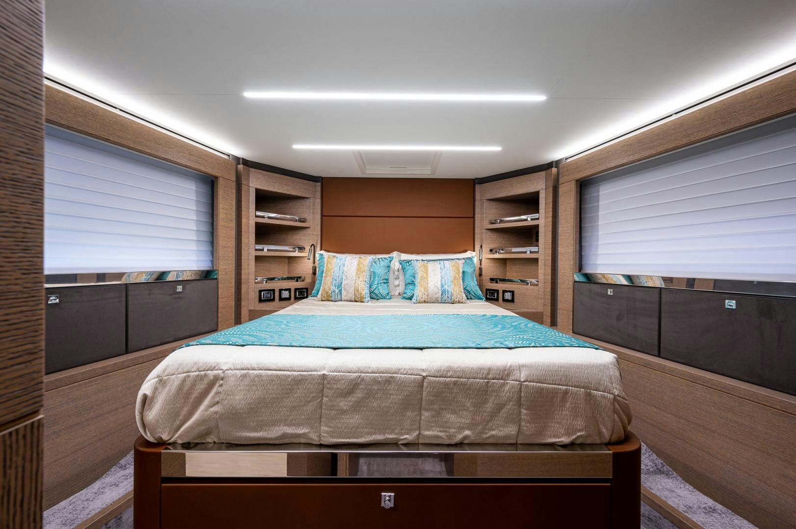 a bed in a room aboard LEBRADA Yacht for Sale