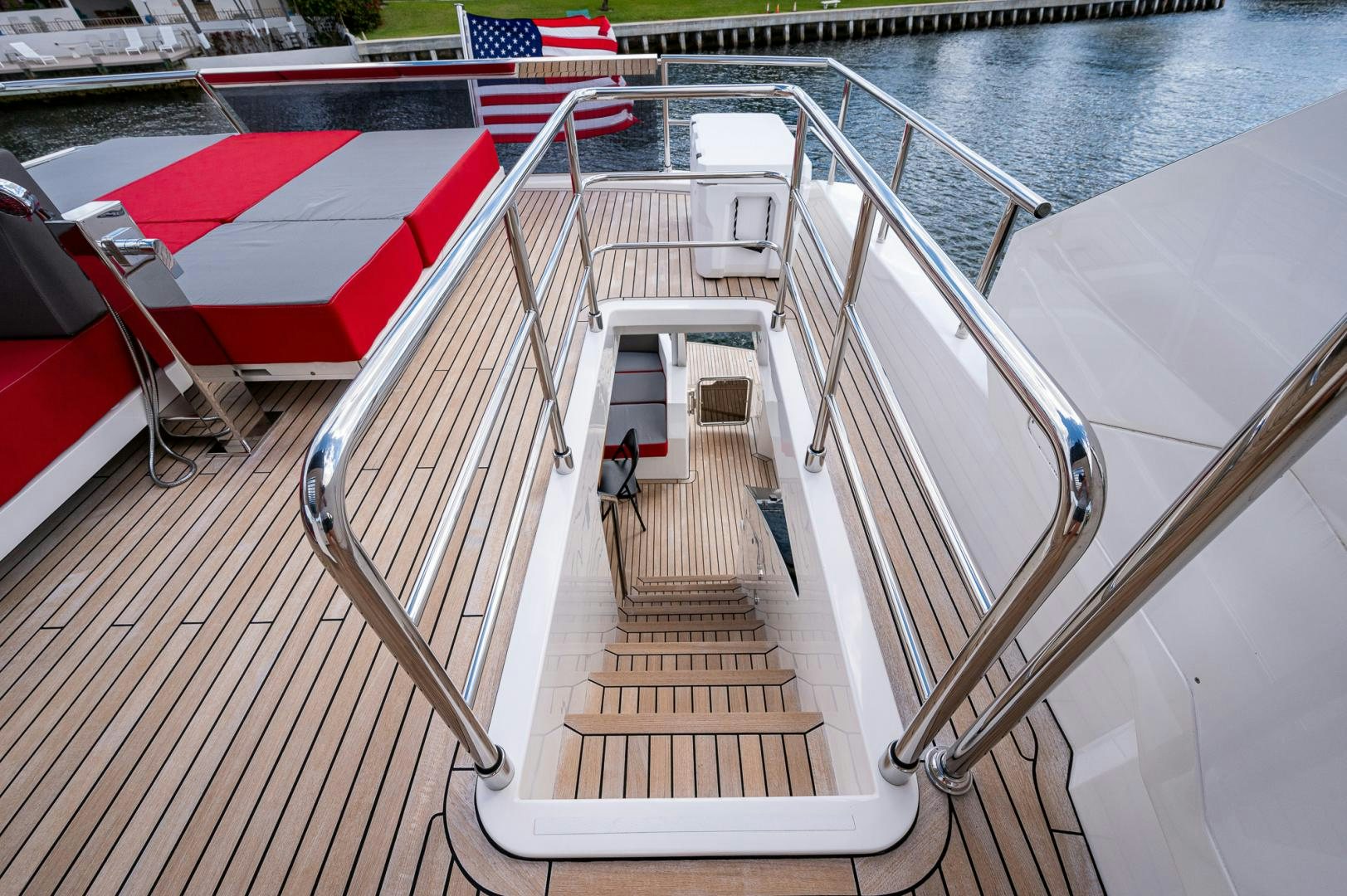 a long wooden bridge over water aboard LEBRADA Yacht for Sale