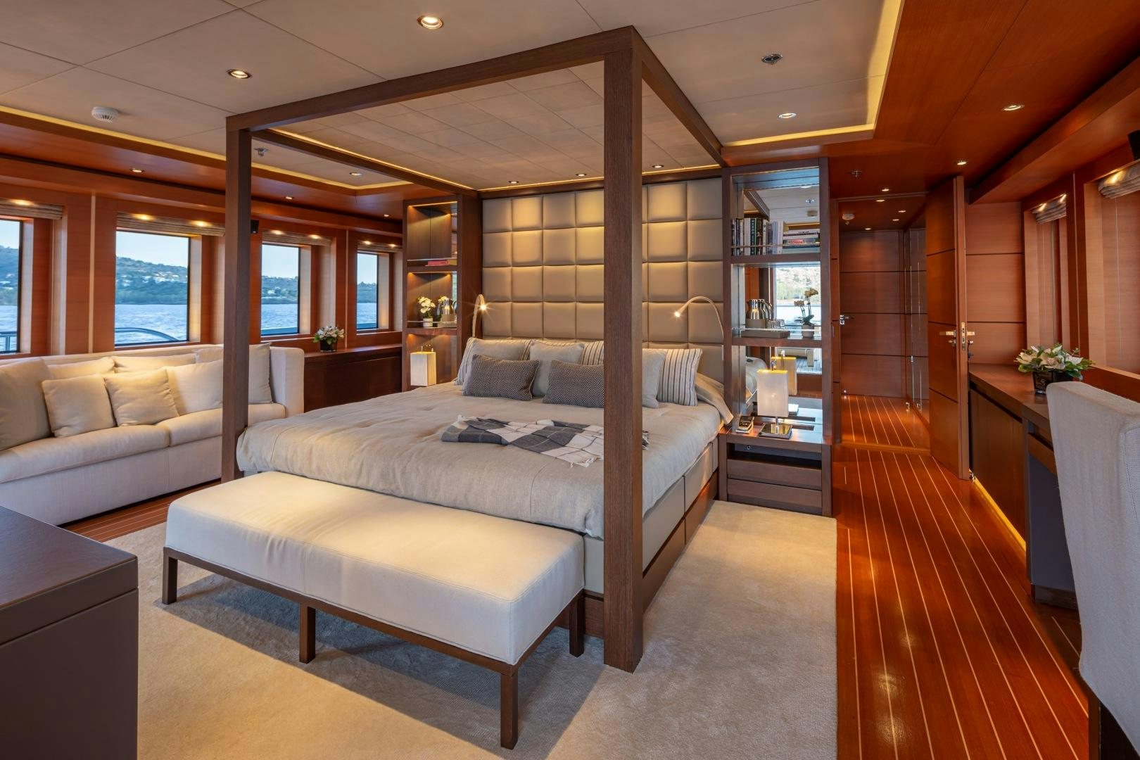 a large bedroom with a bed aboard ZALIV III Yacht for Sale