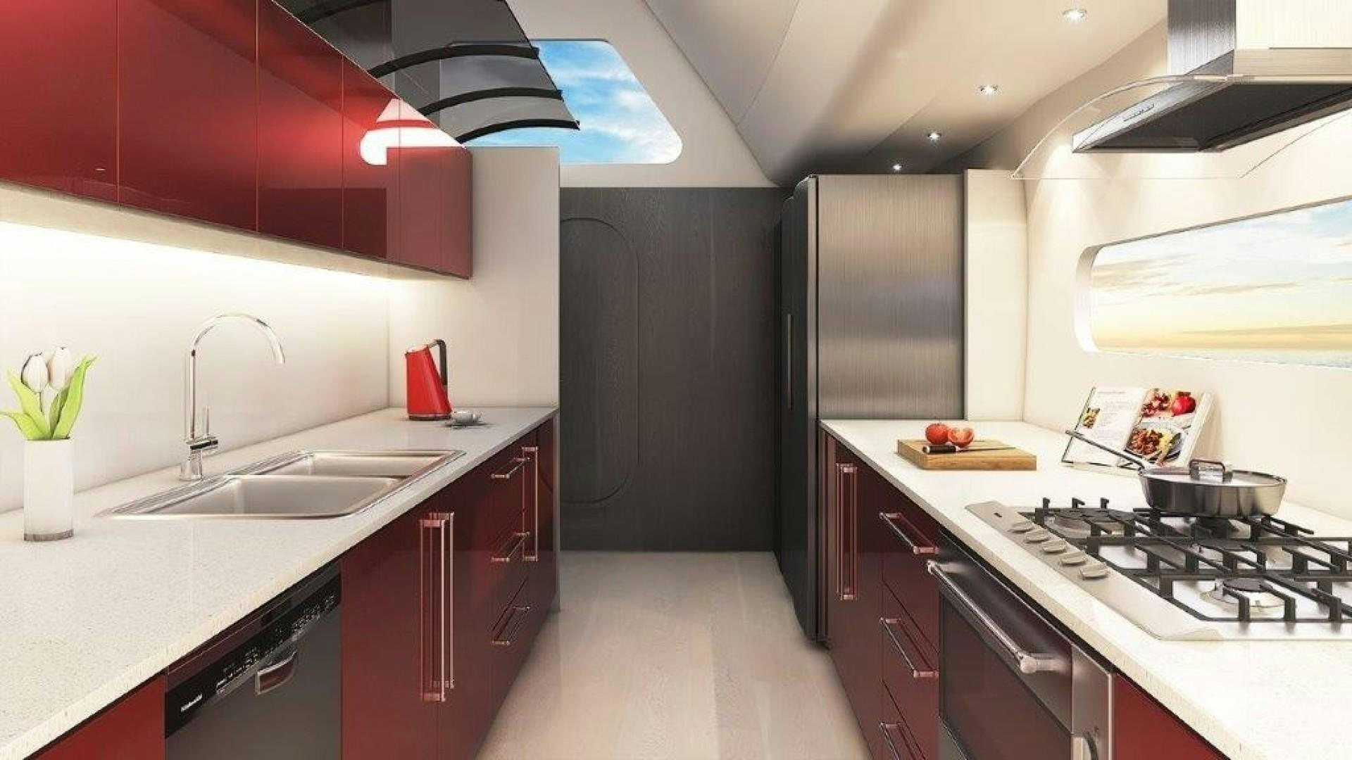 a kitchen with a stove and sink aboard SKYE Yacht for Sale