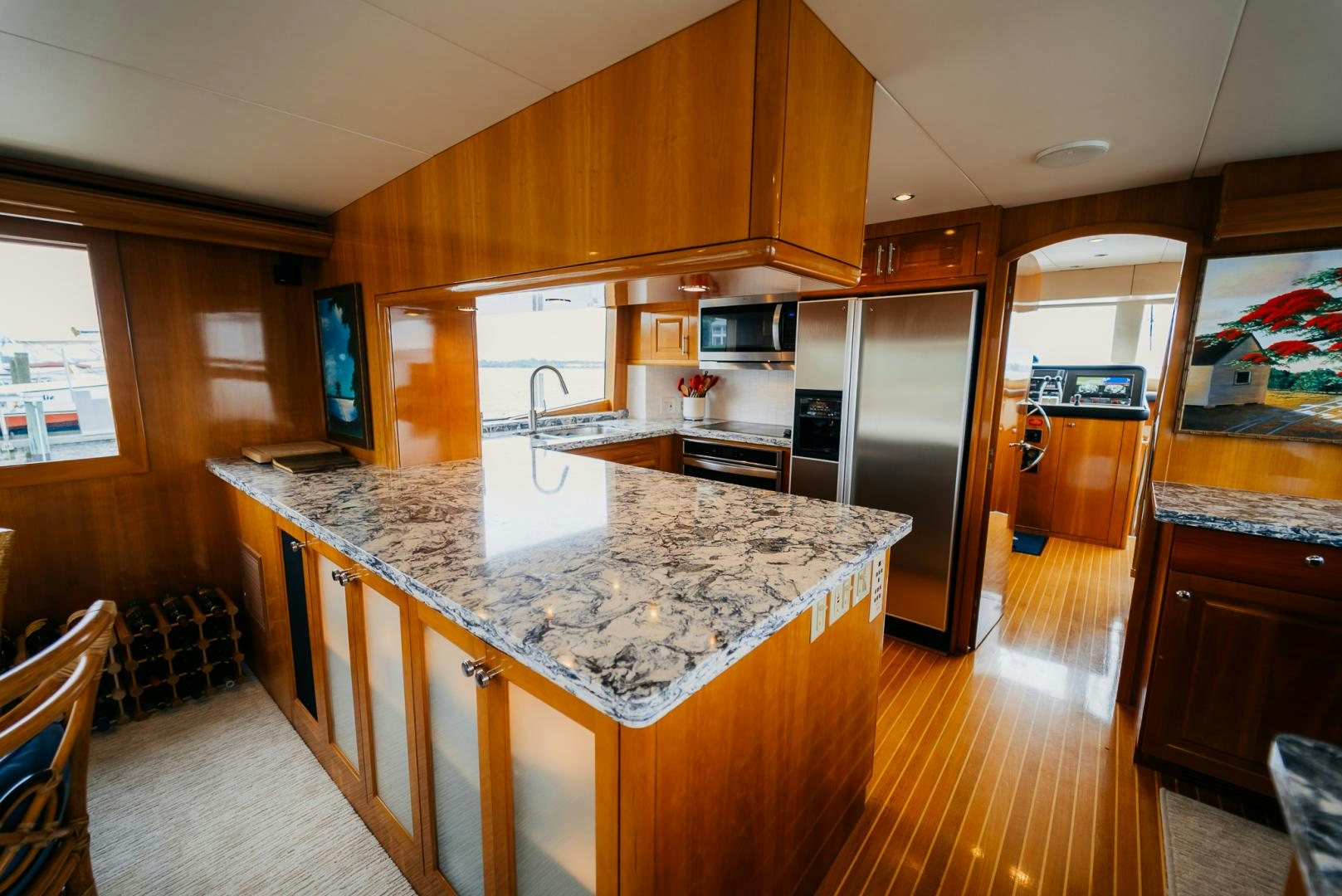 a kitchen with a marble counter top aboard Haggis XV Yacht for Sale