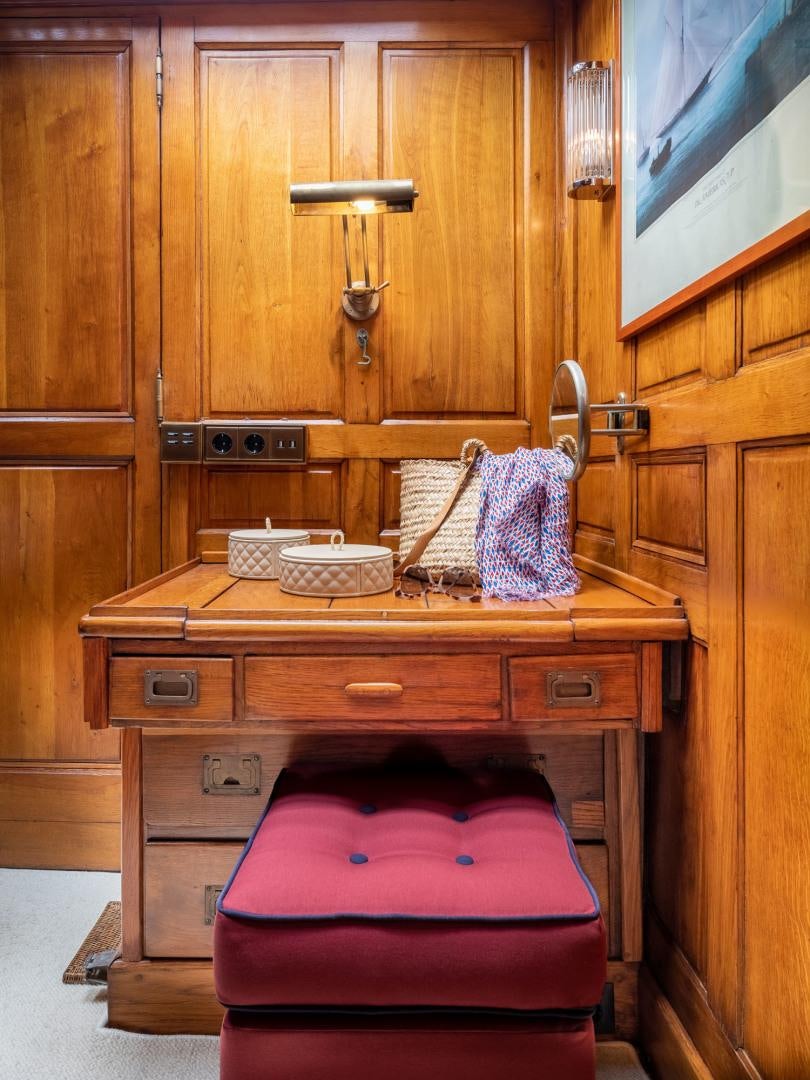 a dresser with a towel on it aboard WEATHERBIRD Yacht for Sale