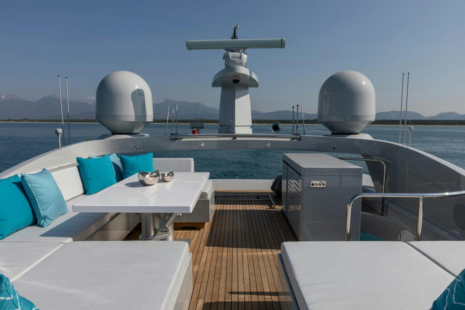 a deck with a deck and a large satellite dish on it aboard NANA I Yacht for Sale