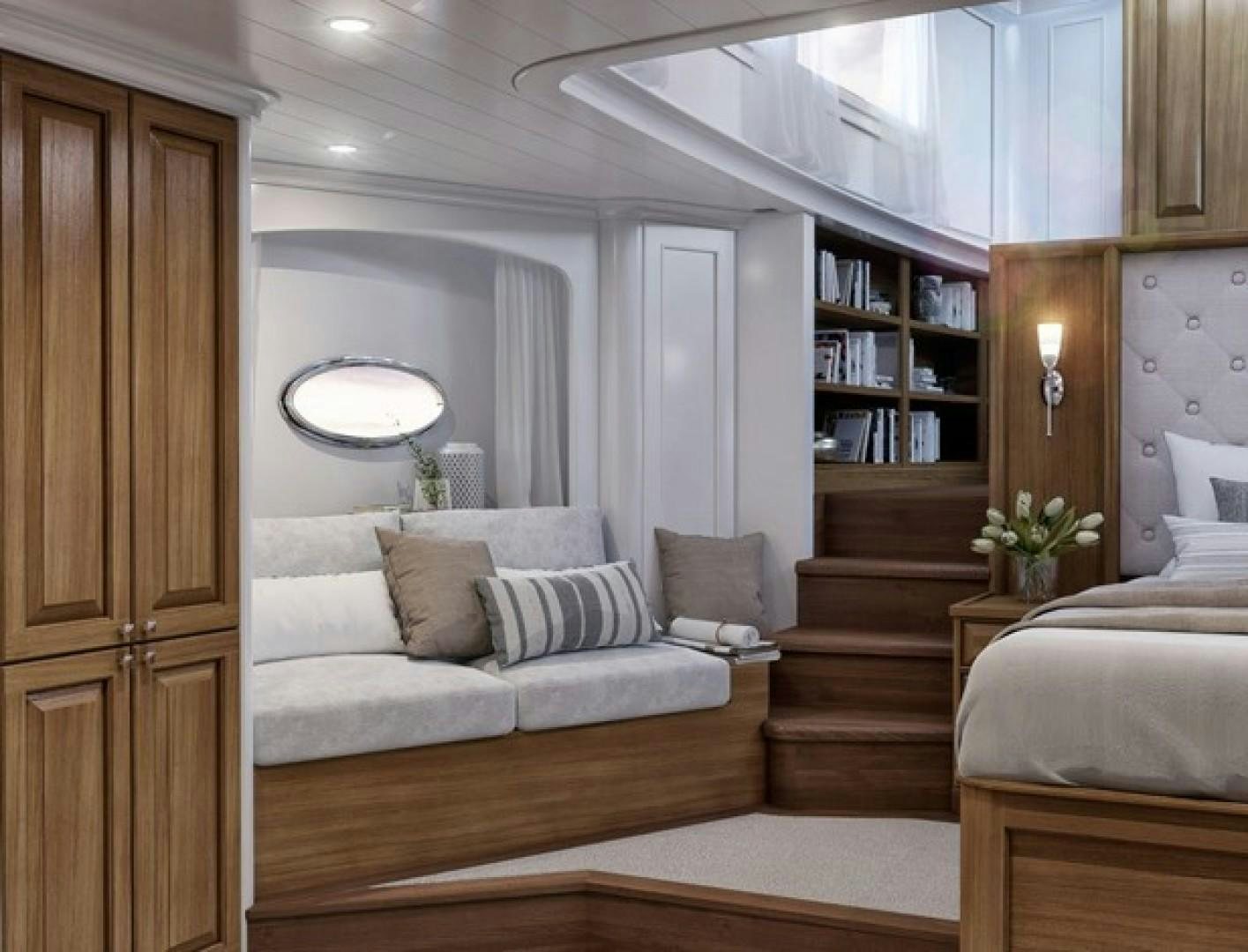 a living room with a staircase and a large window aboard ARK 401 Yacht for Sale