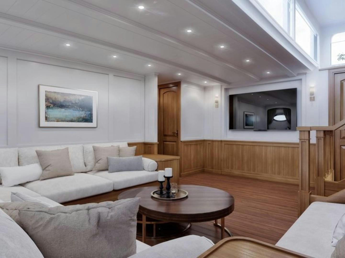 a living room with a wood floor aboard ARK 401 Yacht for Sale