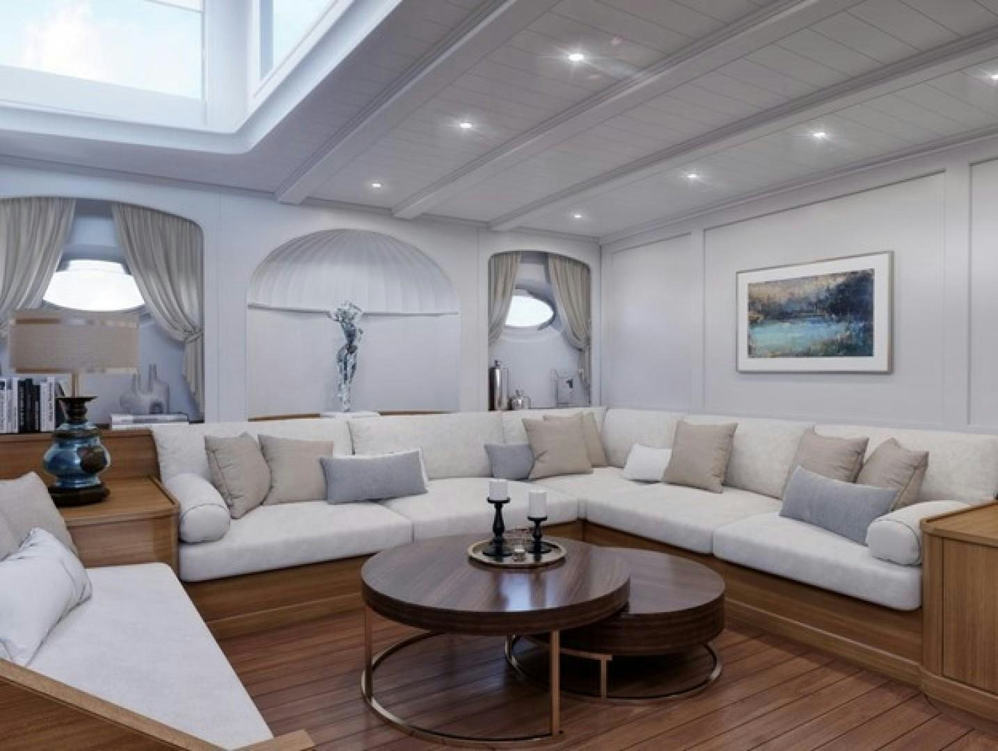 a living room with a couch and a coffee table aboard ARK 401 Yacht for Sale
