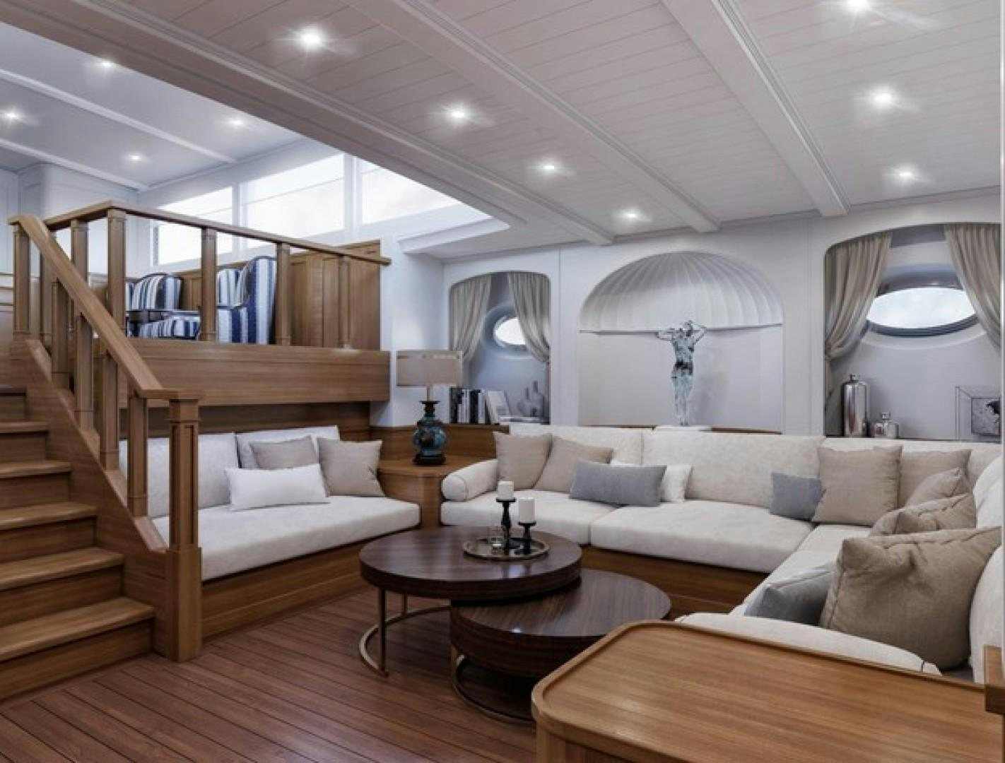 a living room with a staircase and a couch aboard ARK 401 Yacht for Sale