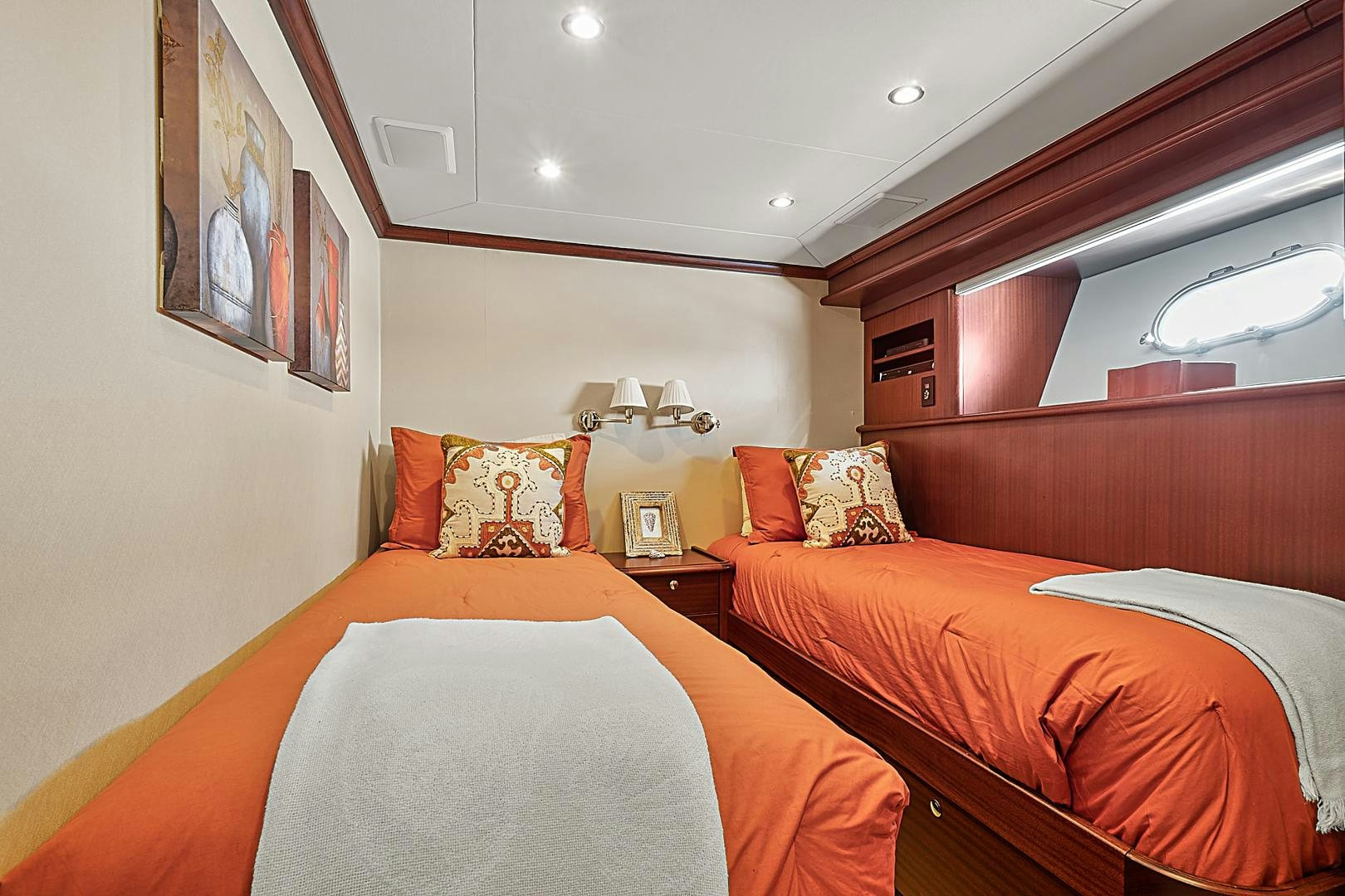 a couple of beds in a hotel room aboard LADY B Yacht for Sale