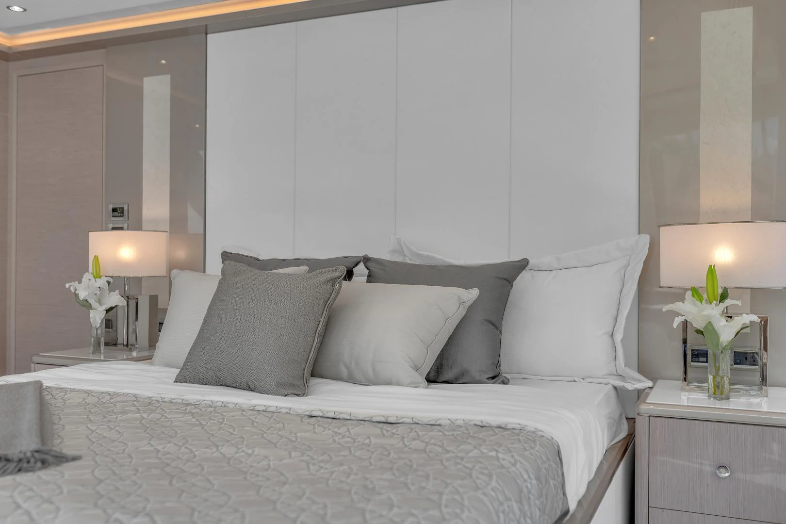 a bed with white sheets aboard CARBON COPY Yacht for Sale