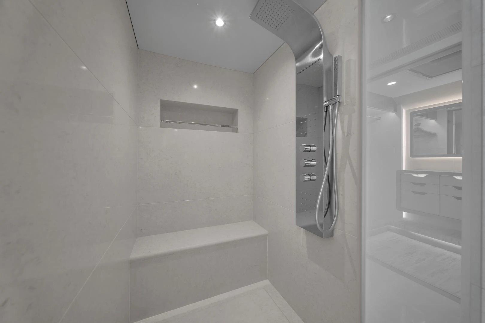 a bathroom with a large mirror aboard CARBON COPY Yacht for Sale