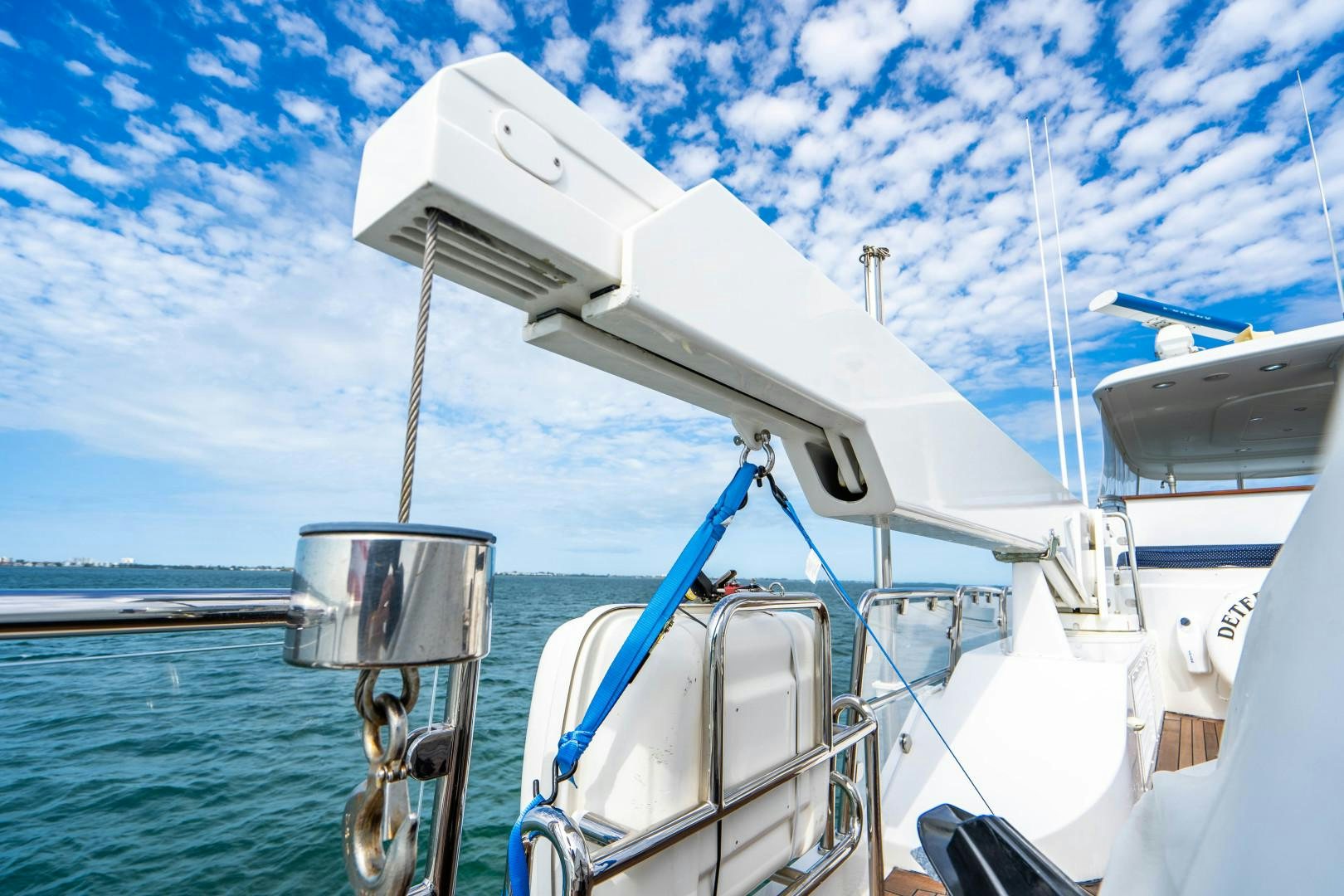 a boat with a large antenna aboard LEGACY Yacht for Sale