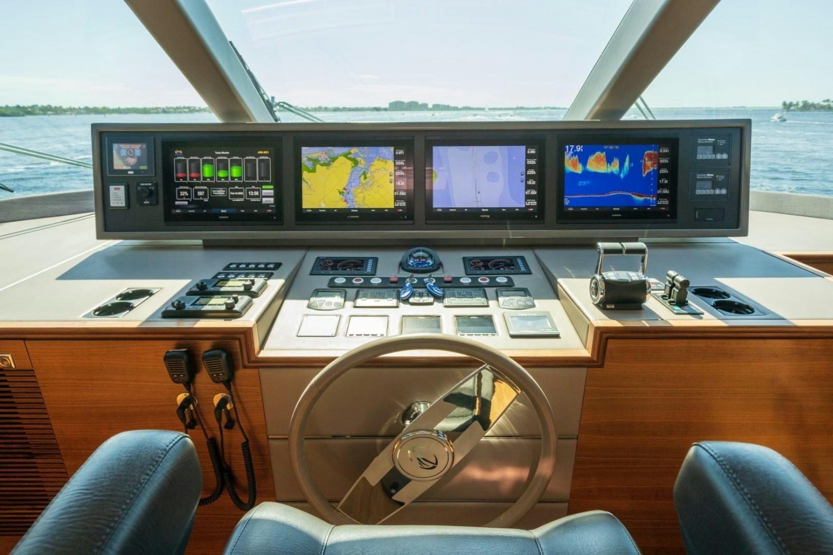 inside of a boat with screens aboard TI AMO Yacht for Sale