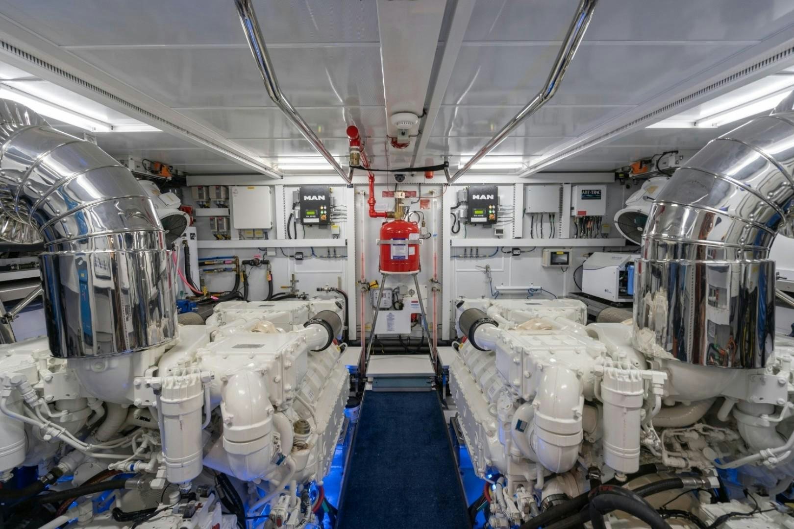 a room with many white pipes aboard TI AMO Yacht for Sale