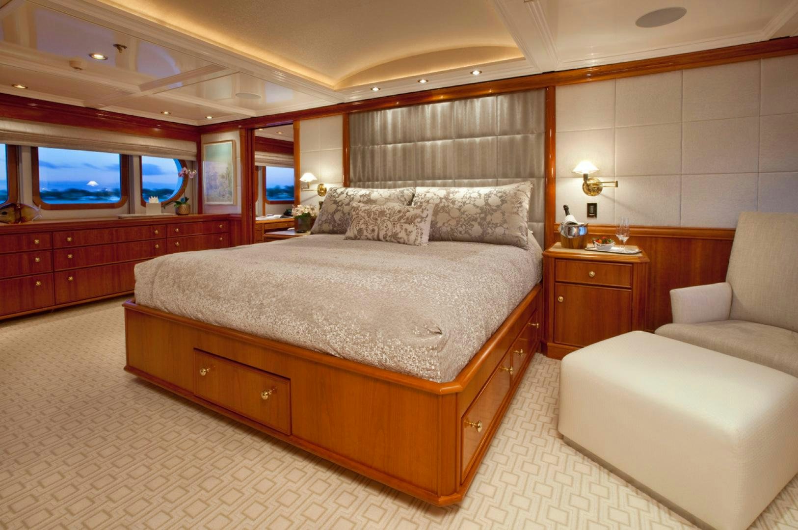a bed in a room aboard LEVERAGE Yacht for Sale