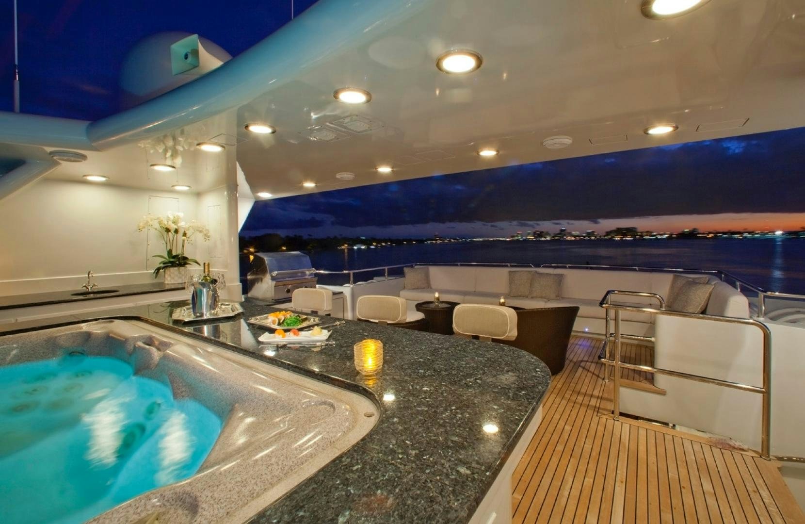 a large kitchen with a large jacuzzi aboard LEVERAGE Yacht for Sale