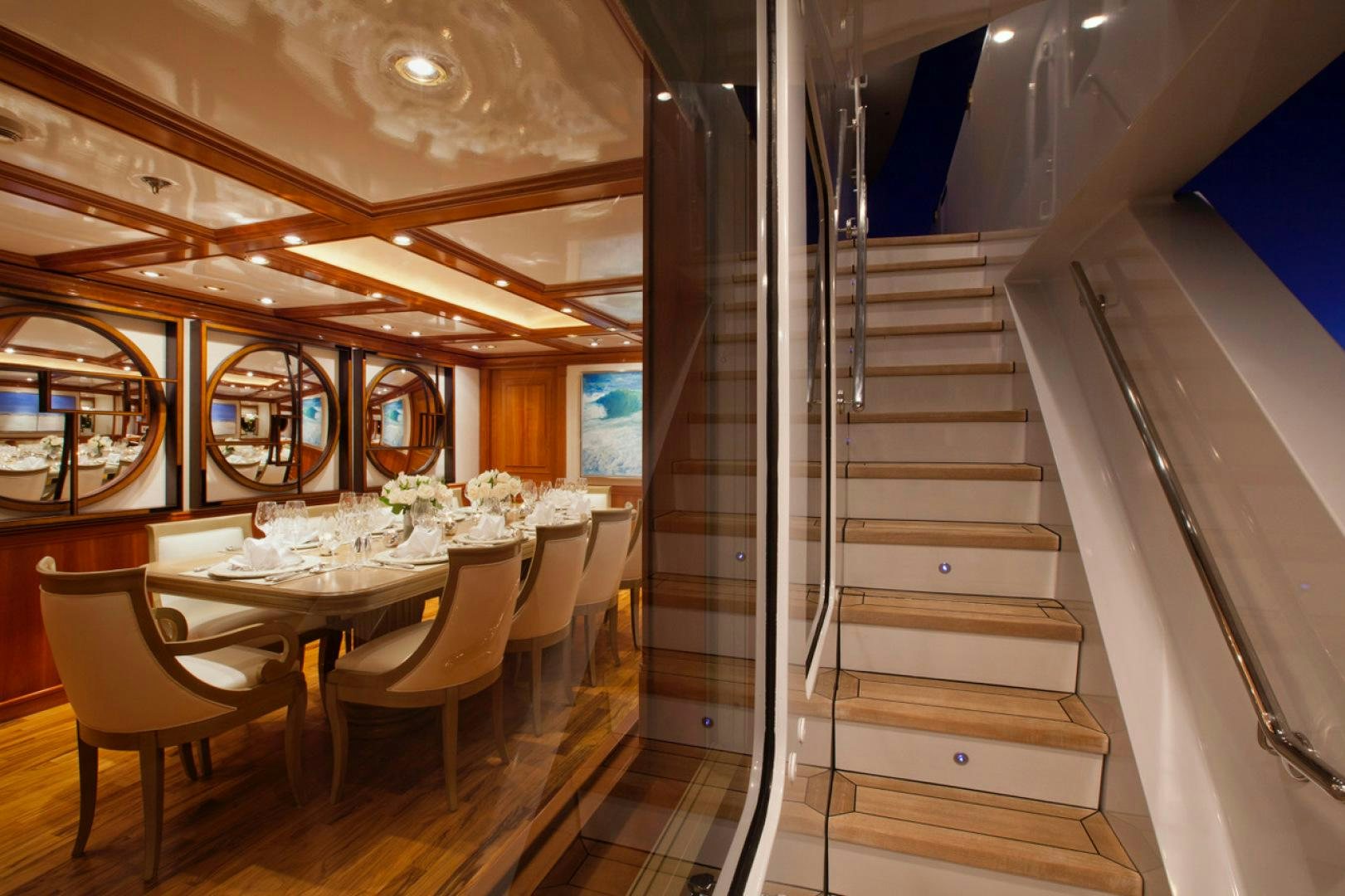 a room with a set of stairs aboard LEVERAGE Yacht for Sale