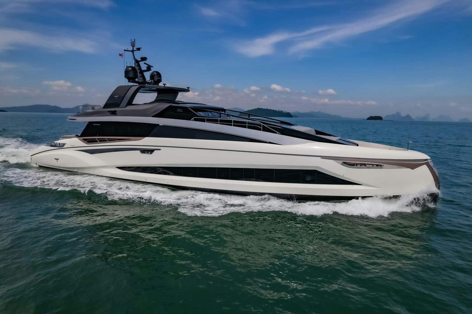 a white boat in the water aboard LA VIE Yacht for Sale