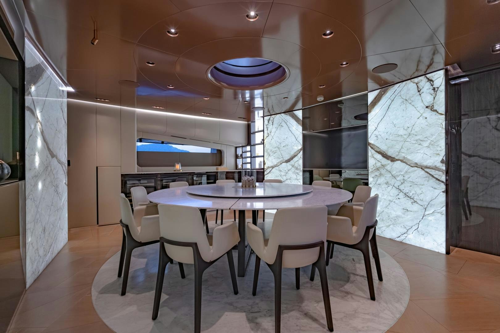 a dining table in a room aboard LA VIE Yacht for Sale