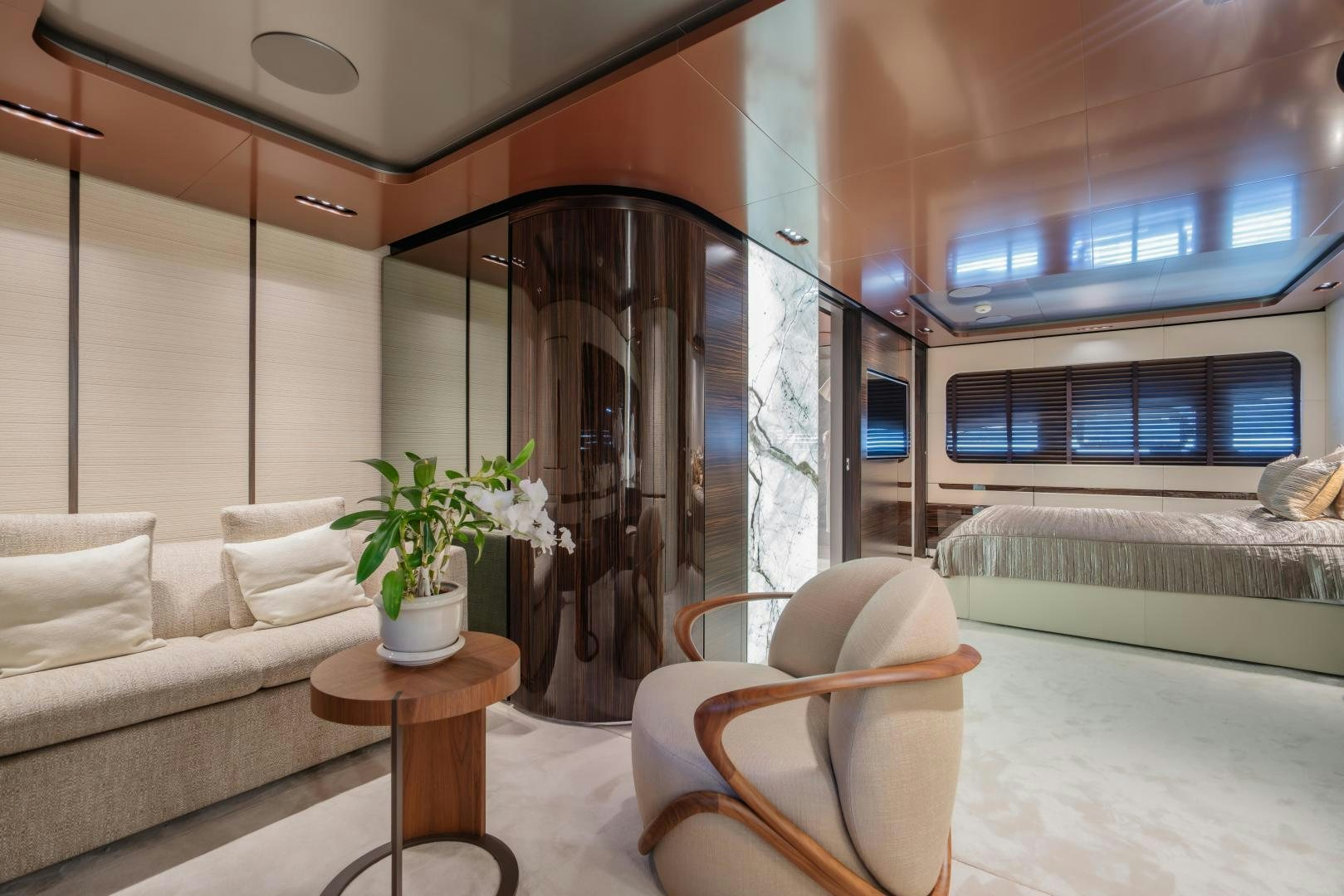 a living room with a glass door aboard LA VIE Yacht for Sale