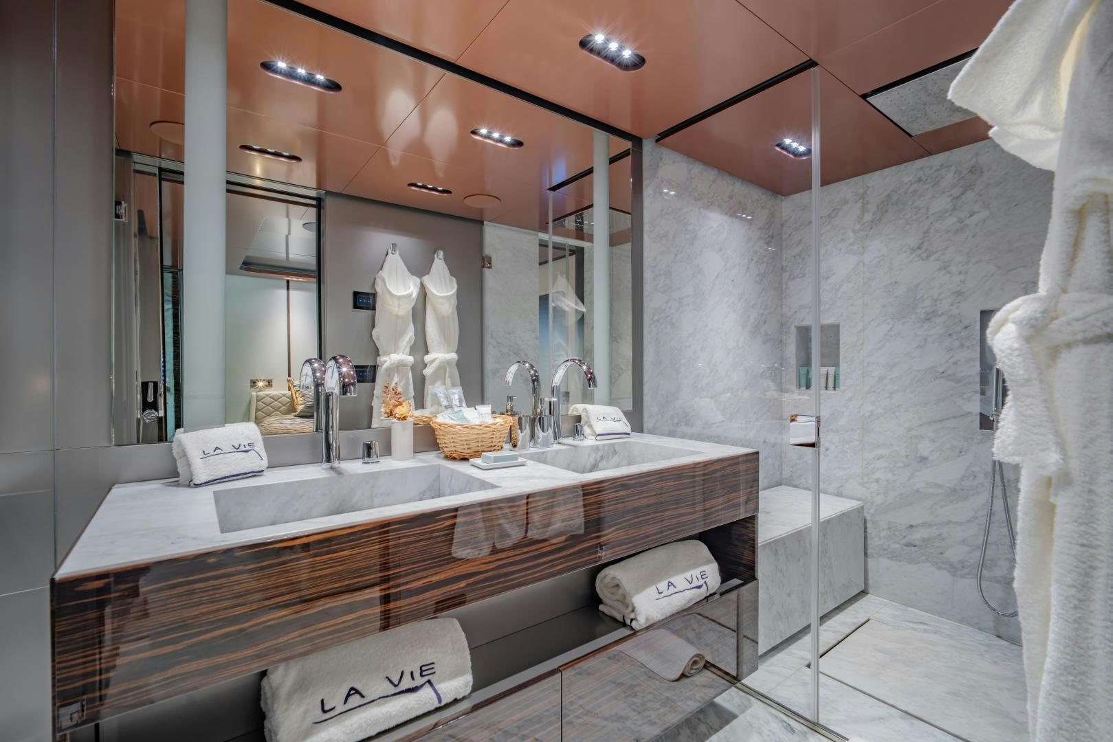 a bathroom with a large countertop aboard LA VIE Yacht for Sale