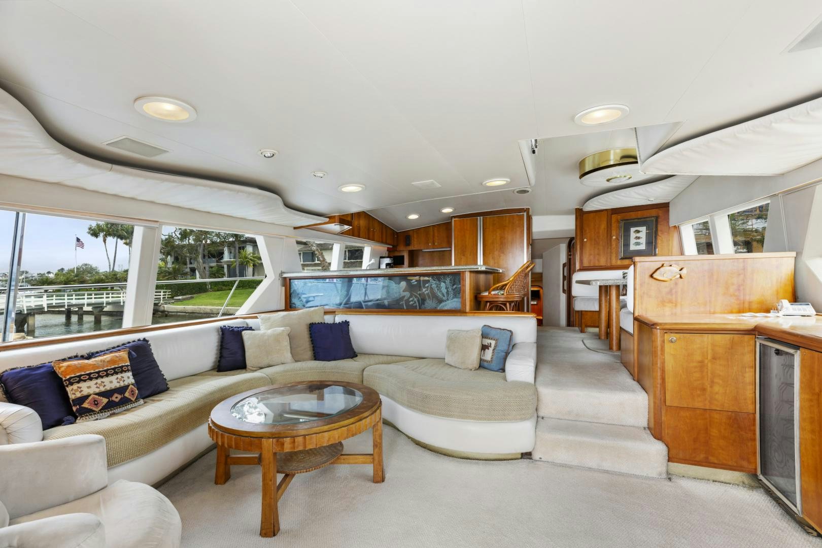 a living room with a large open floor plan aboard WANDERLUST Yacht for Sale