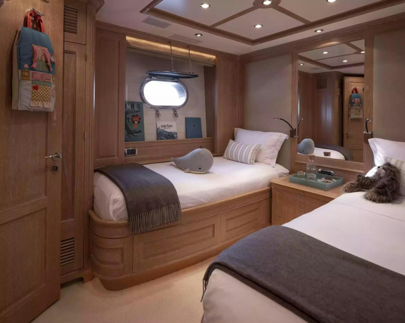 a bedroom with two beds aboard SOHO Yacht for Sale