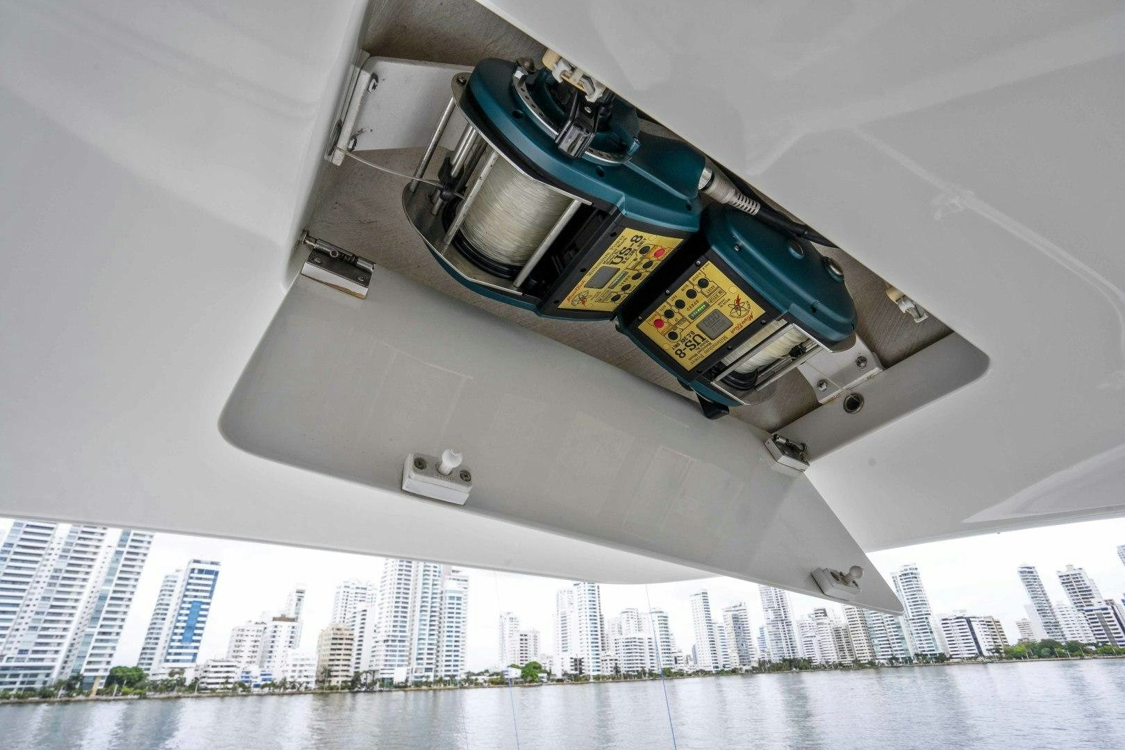a computer tower on a car aboard LAST CALL Yacht for Sale