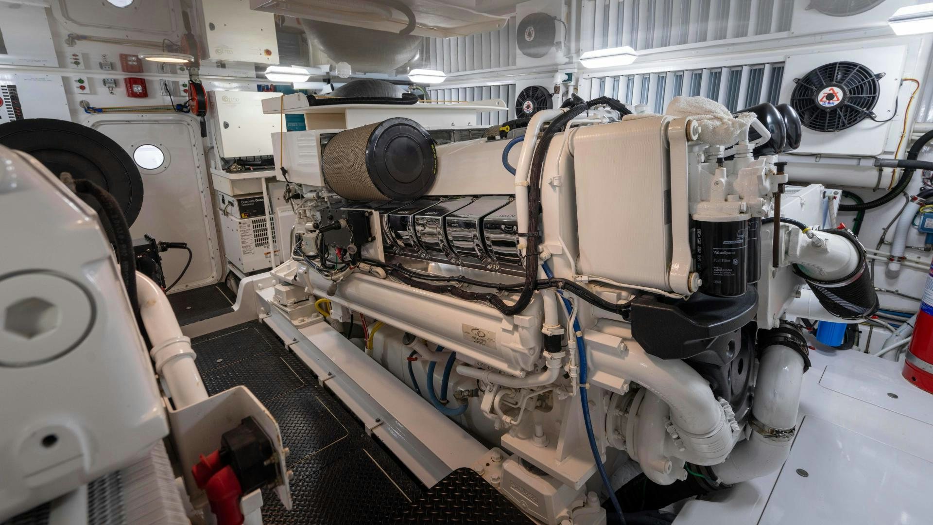 a large machine with many parts aboard HOW SWEET IT IS Yacht for Sale