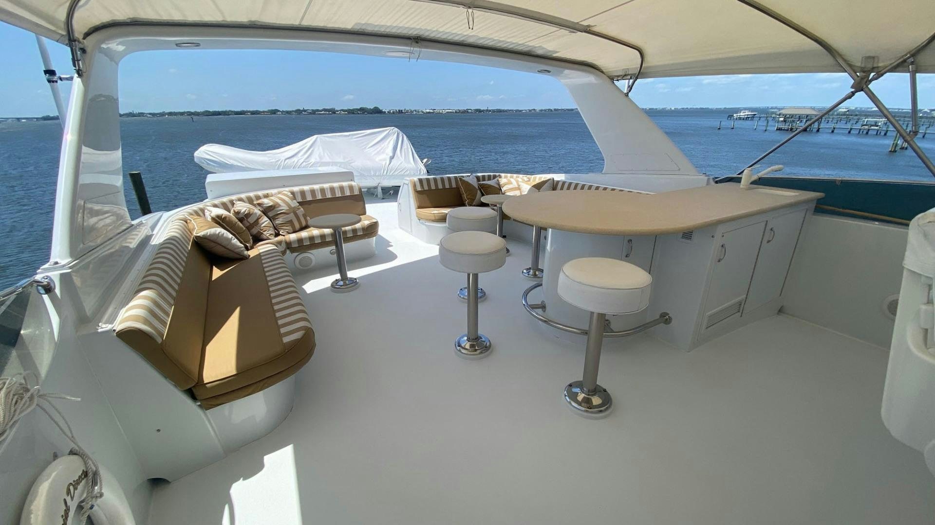 a boat with stools and tables aboard SOCIAL DIRECTOR Yacht for Sale