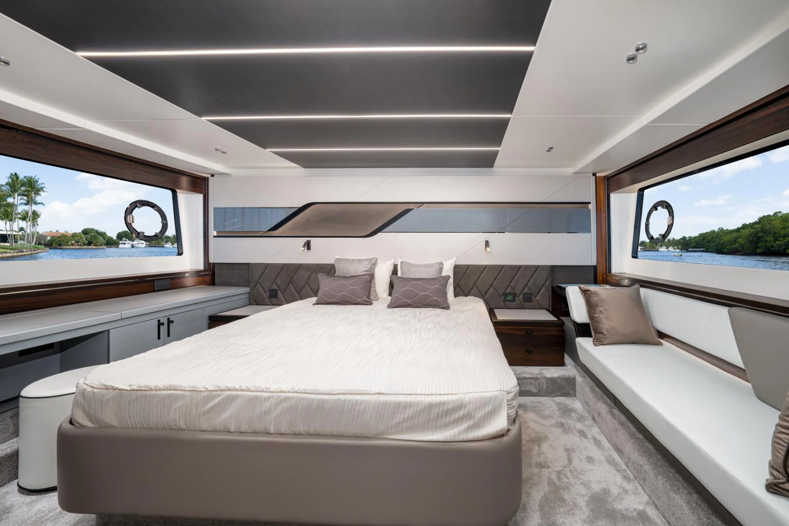 a room with two beds aboard DEALER DEMO Yacht for Sale