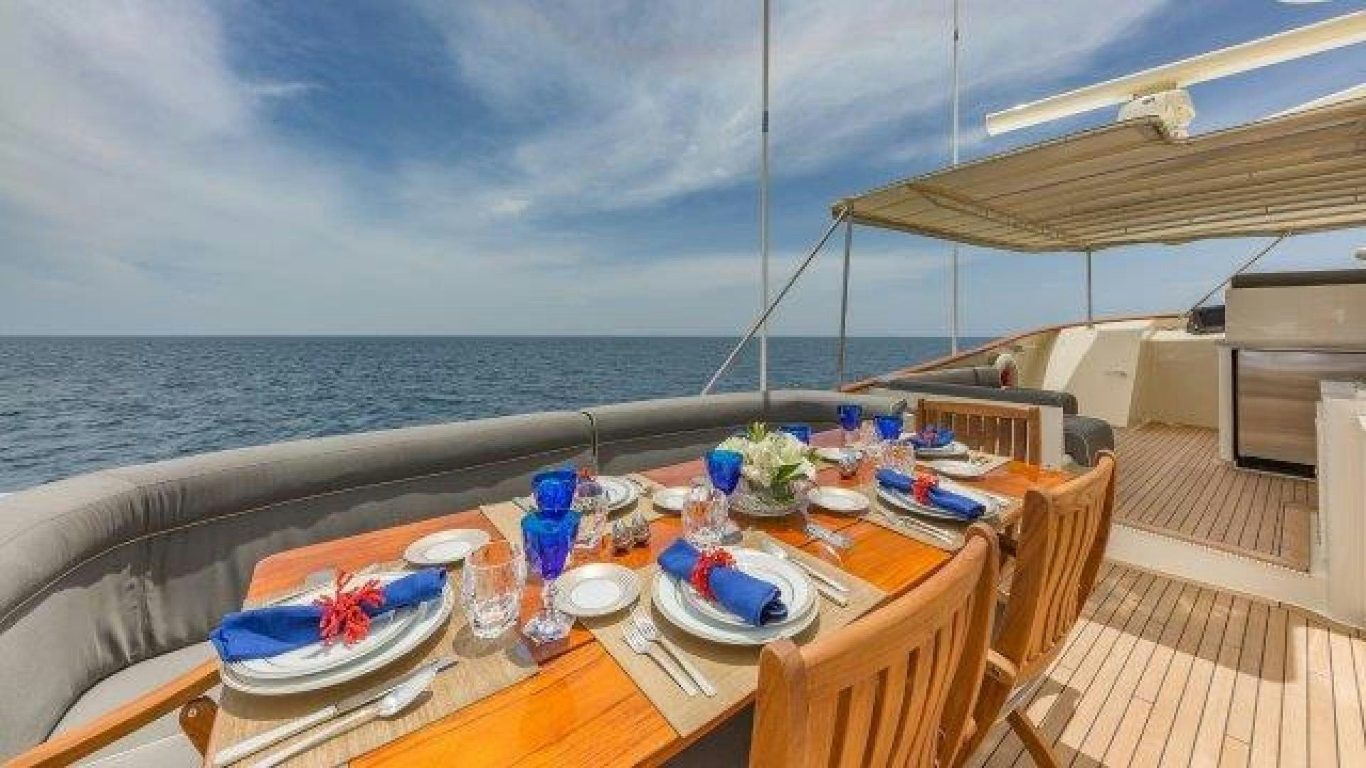 a table with plates and food on it aboard ARIADNE Yacht for Sale