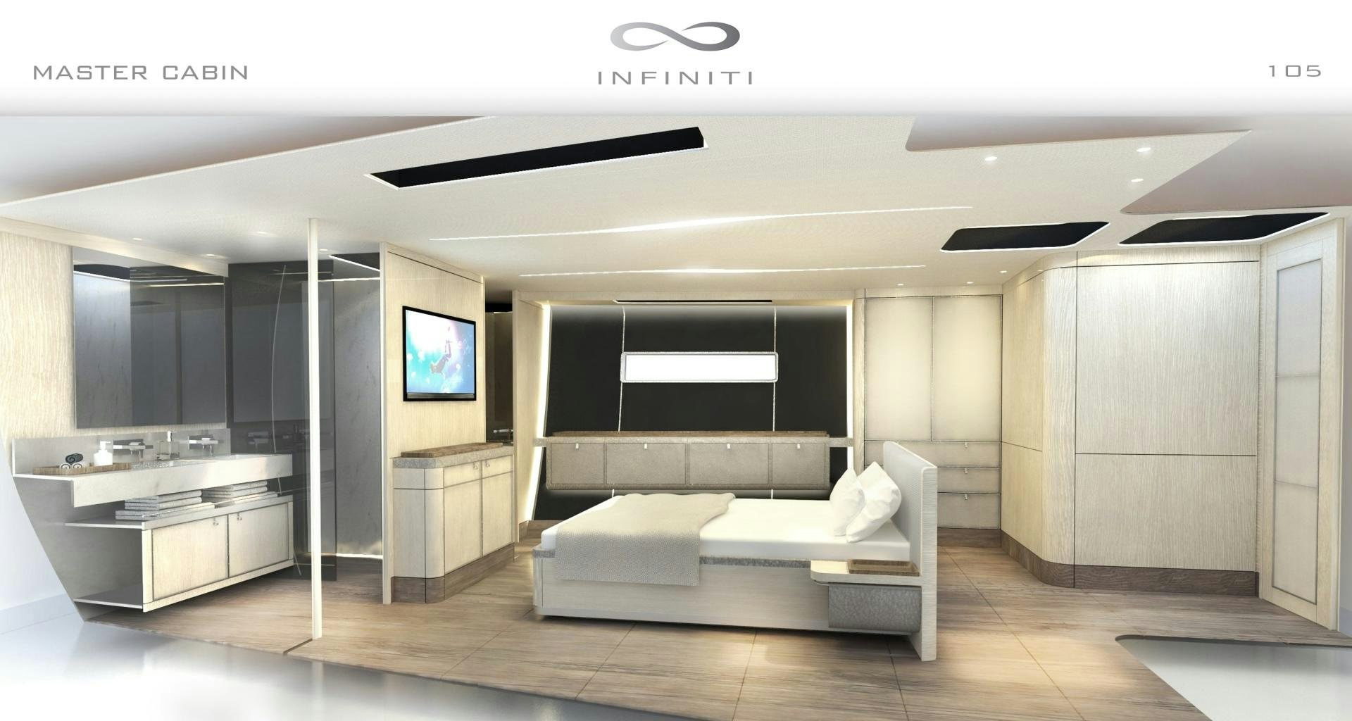 a room with a couch and a tv aboard INFINITI 105 Yacht for Sale