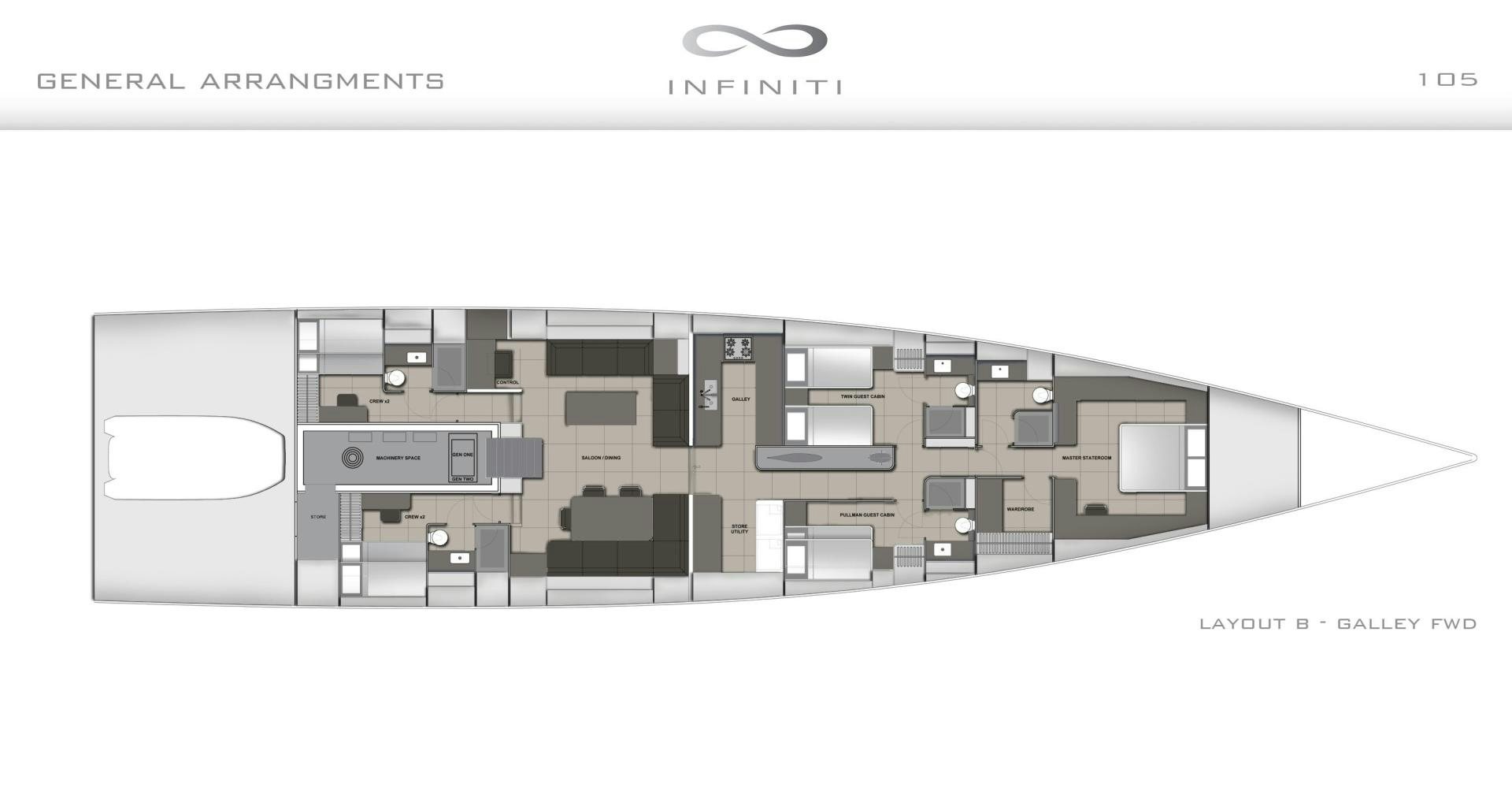 diagram, engineering drawing aboard INFINITI 105 Yacht for Sale