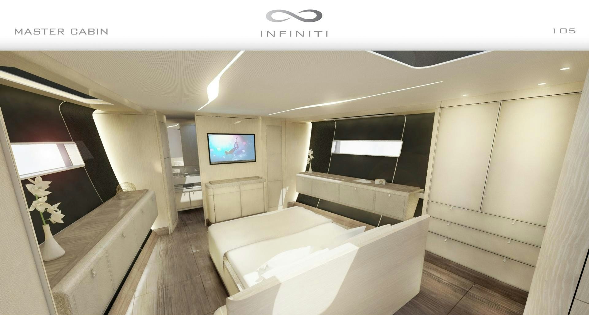 a room with a bed and a tv on the wall aboard INFINITI 105 Yacht for Sale