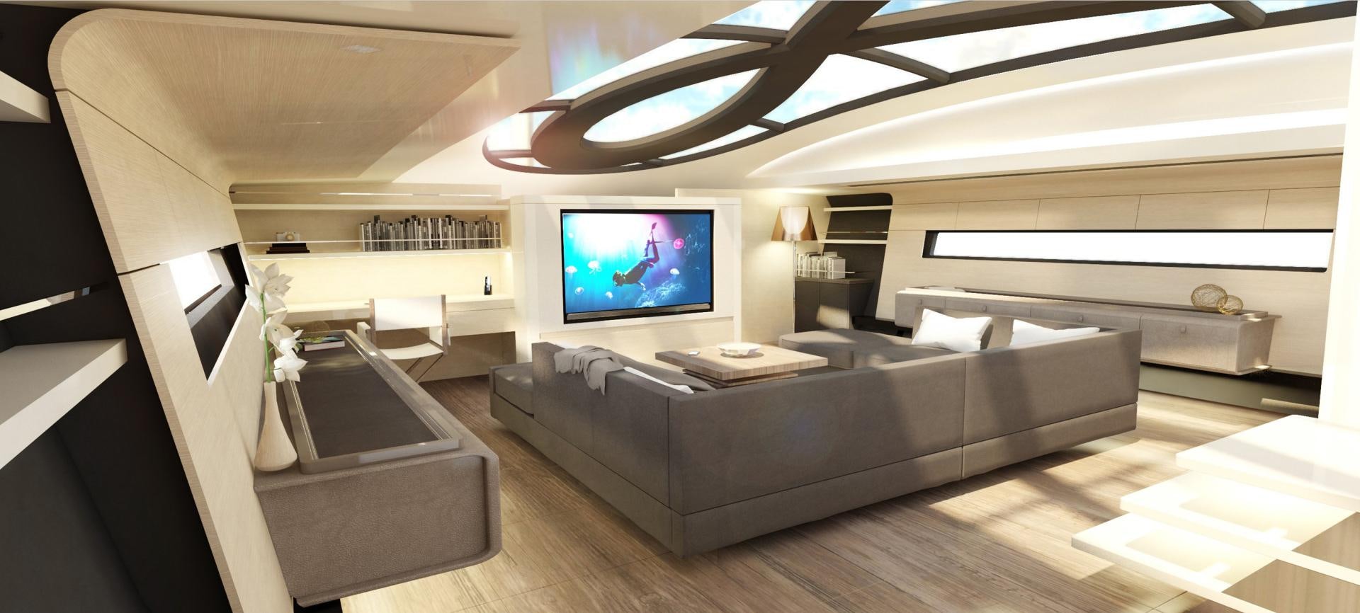 a room with a couch and a tv aboard INFINITI 105 Yacht for Sale