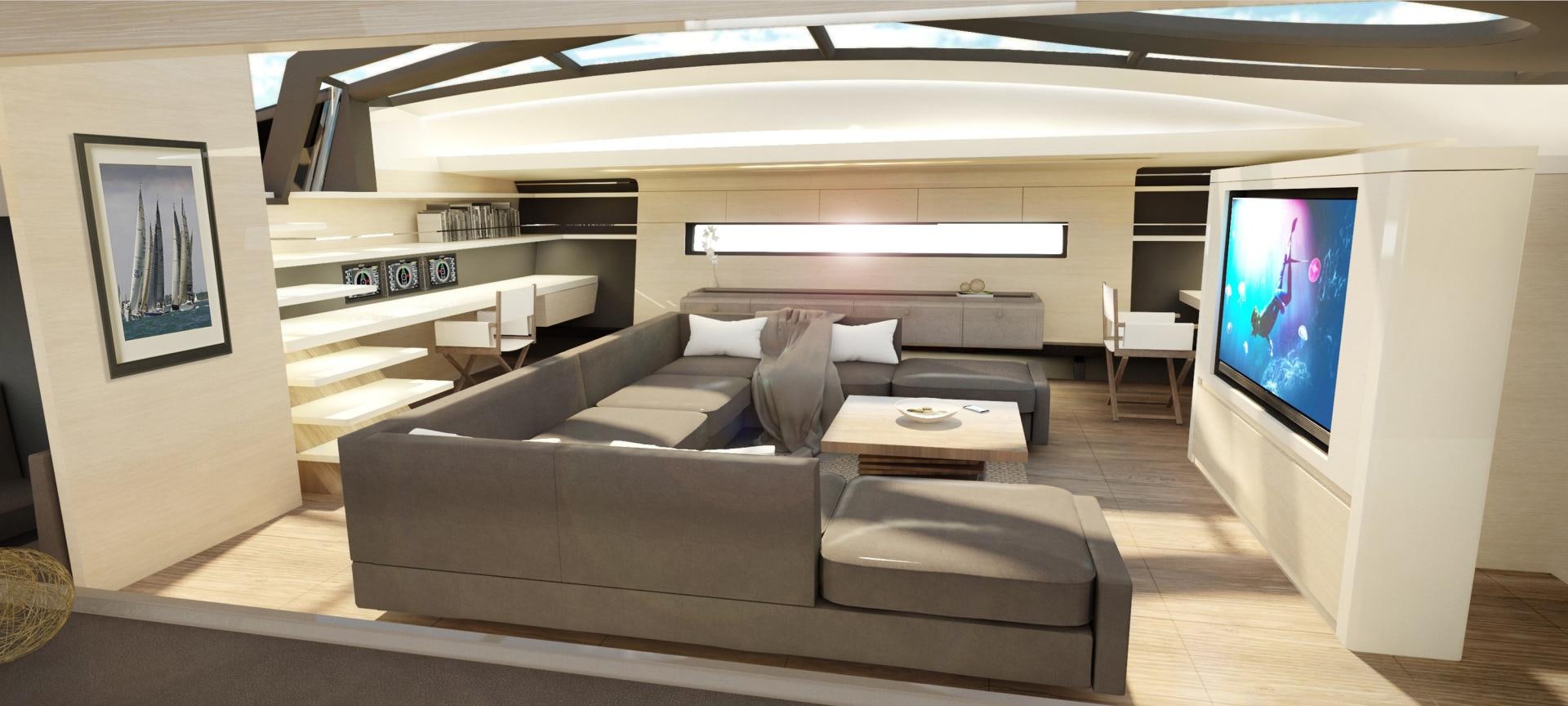 a living room with a large screen aboard INFINITI 105 Yacht for Sale