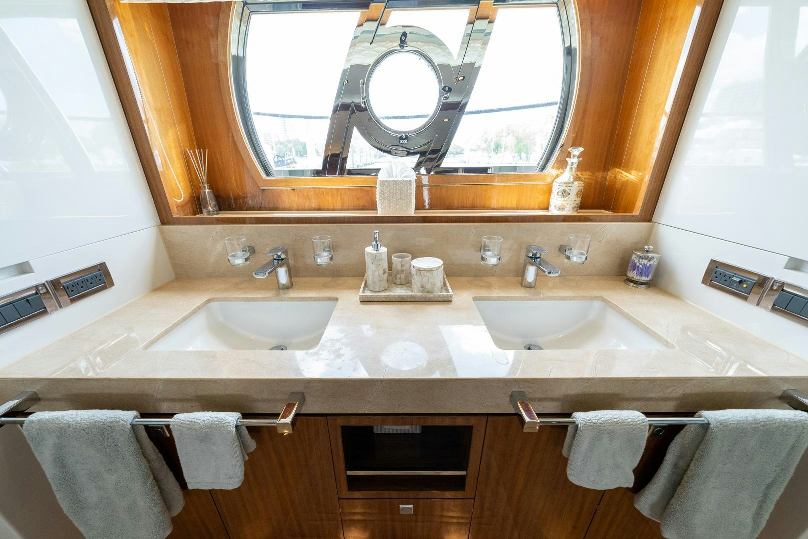 a bathroom with two sinks aboard ENCORE Yacht for Sale