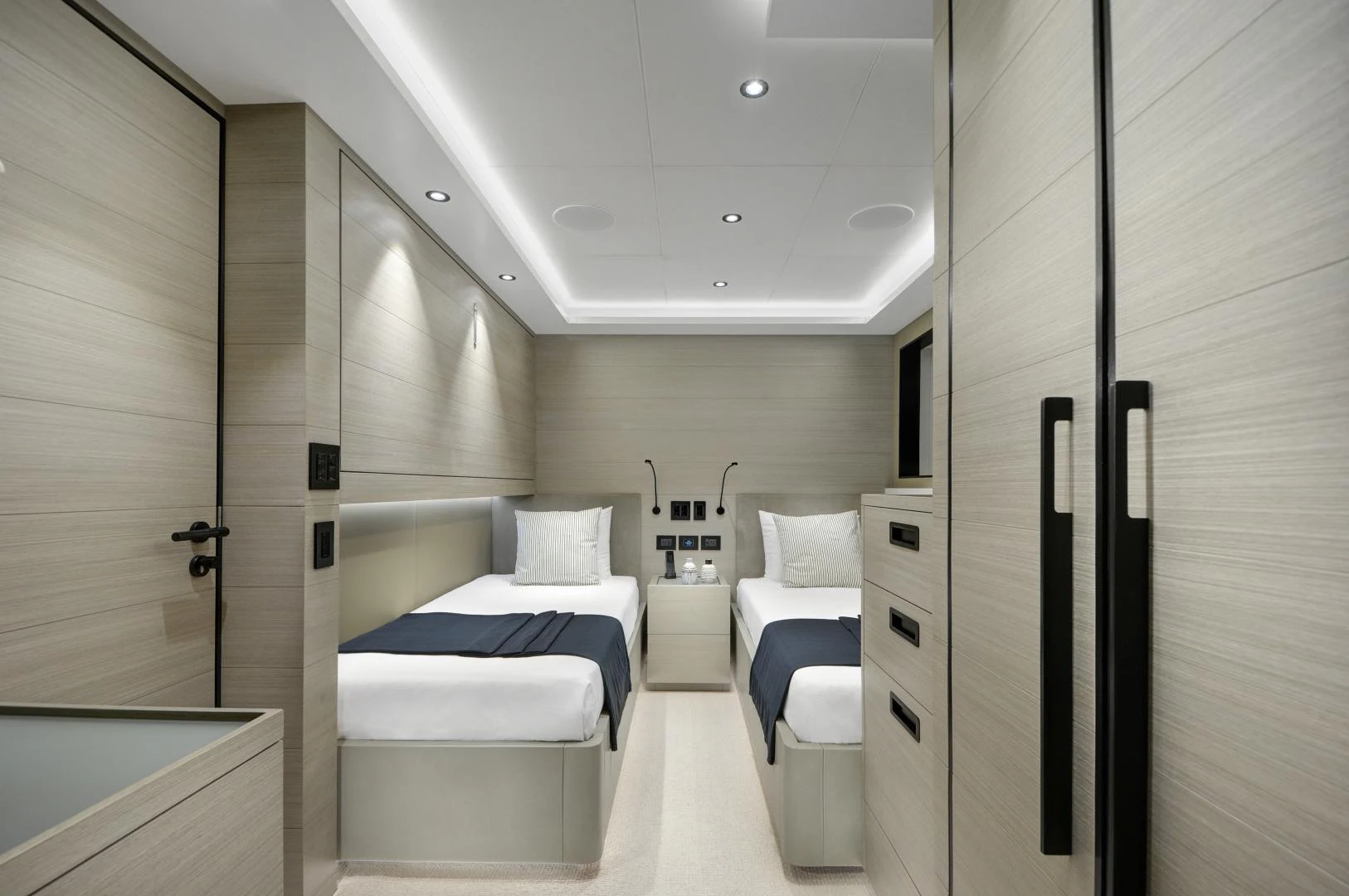a room with a bed and a closet aboard ALFRESCO 125 Yacht for Sale