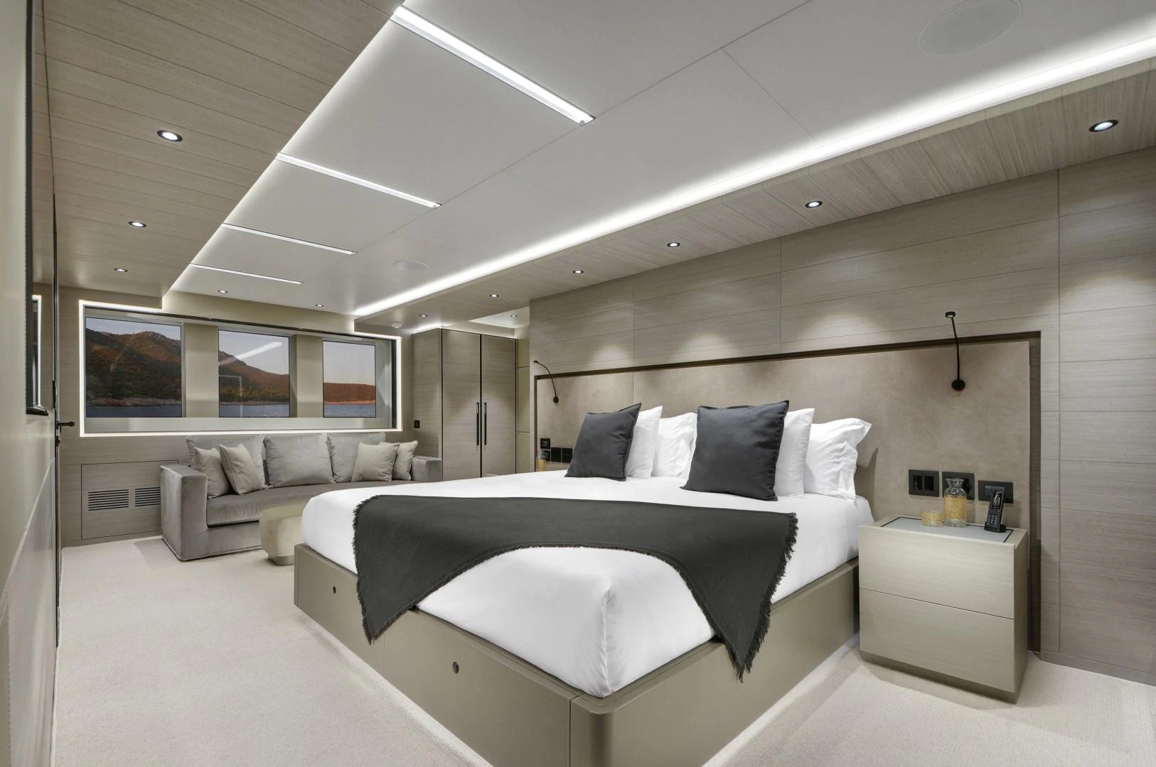 a modern bedroom with a bed aboard ALFRESCO 125 Yacht for Sale
